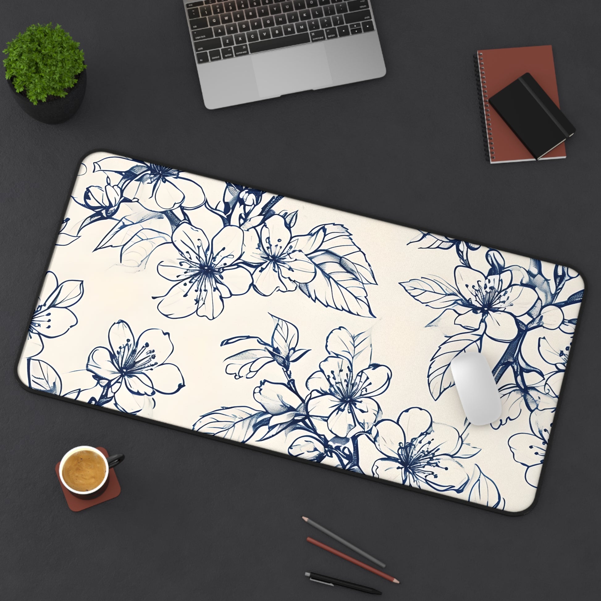 Blossom Sketch Designer Desk Mat - Premium Office Desk Pad, 3 Sizes Available, Blue Floral Botanical Workspace Protection