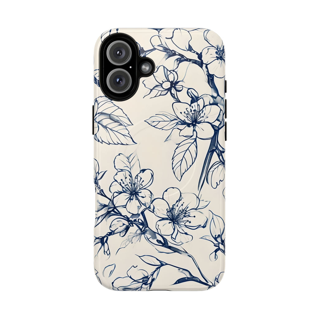 Blossom Sketch - Artistic Blue Floral - iPhone 16 Plus MagSafe Phone Case - Hand-Drawn Botanical Design