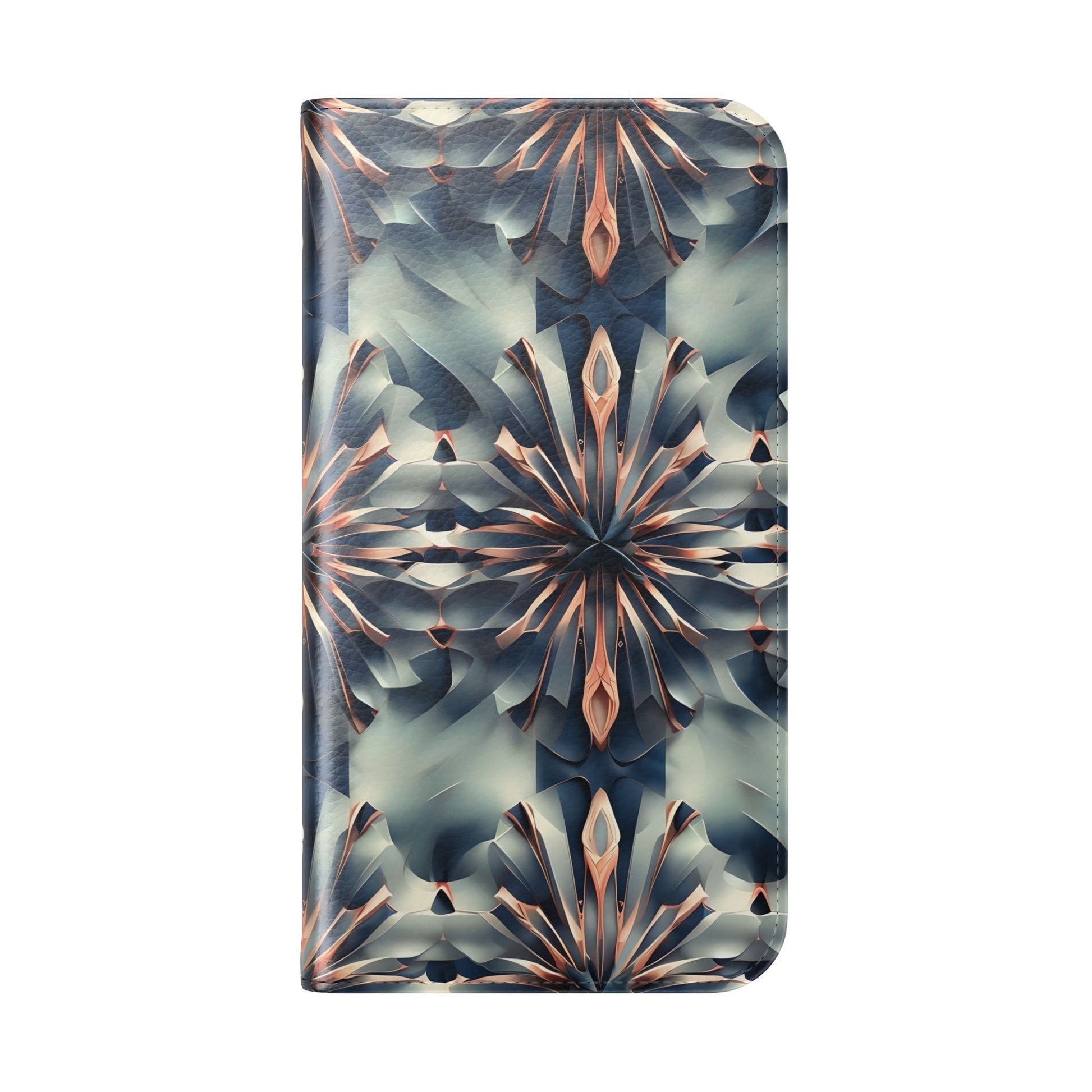 Obsidian Kaleidoscope iPhone 15 Wallet Case - Elegant Abstract Flip Cover with Card Slots