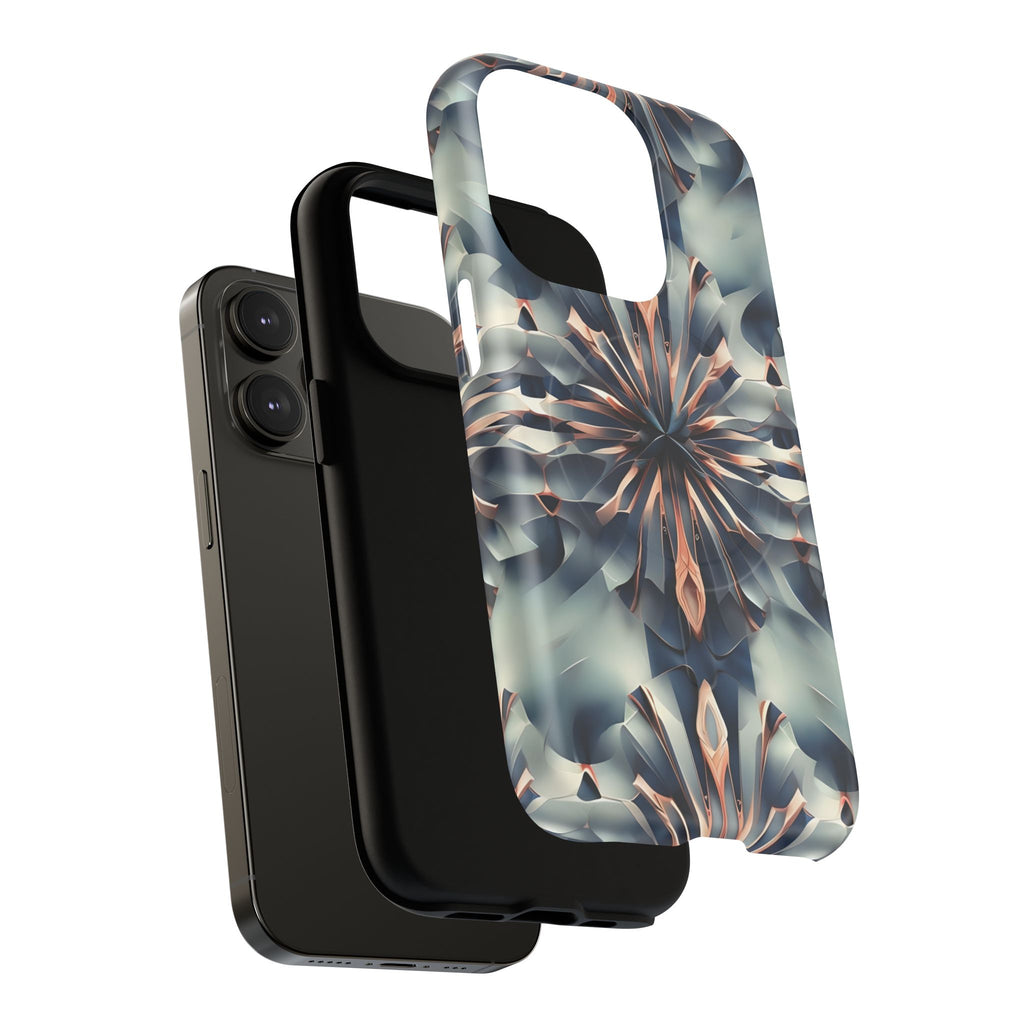 Obsidian Kaleidoscope Artistic Floral Burst - iPhone 14 Pro MagSafe Phone Case -Blue, Peach and Silver Symmetrical Design
