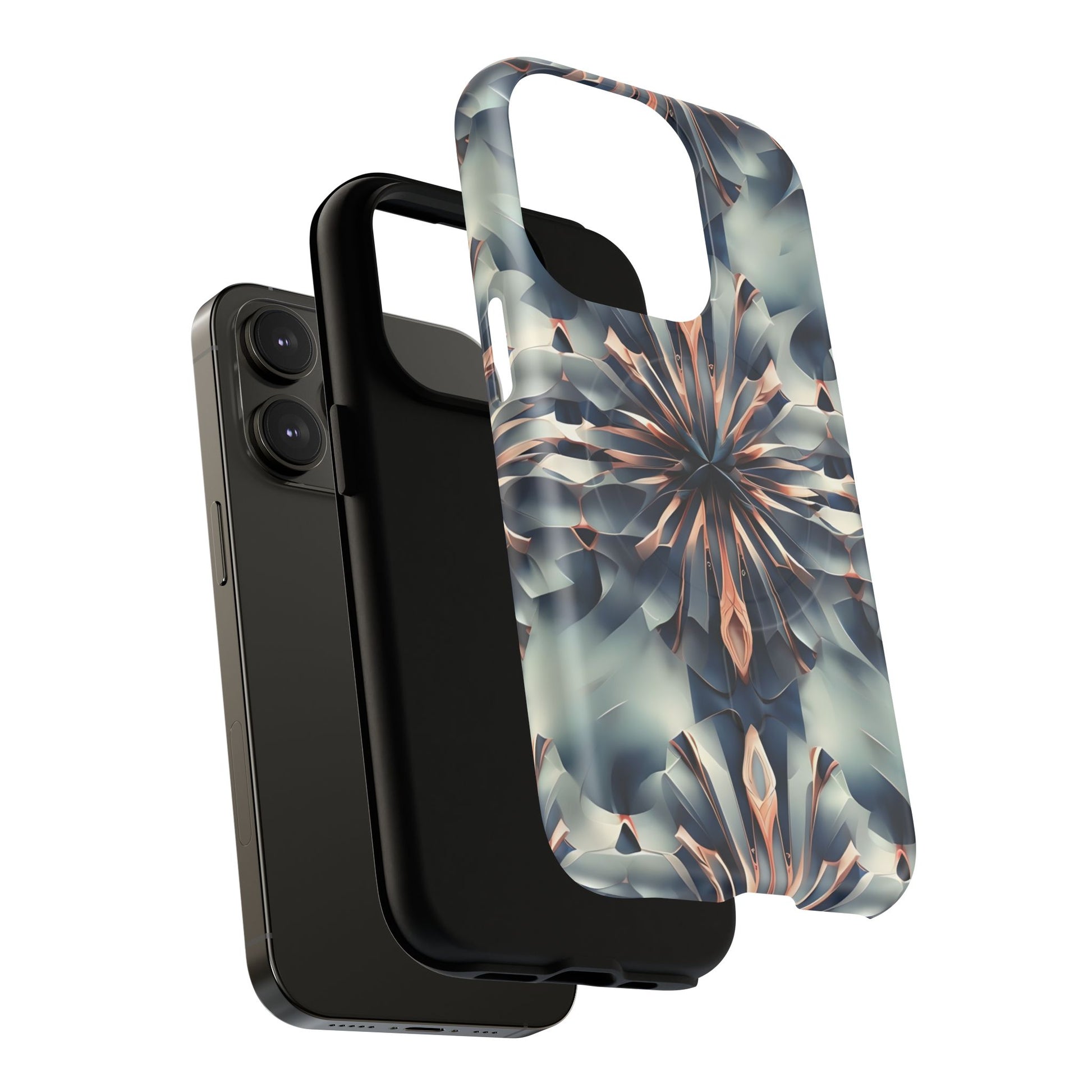 Obsidian Kaleidoscope Artistic Floral Burst - iPhone 14 Pro MagSafe Phone Case -Blue, Peach and Silver Symmetrical Design
