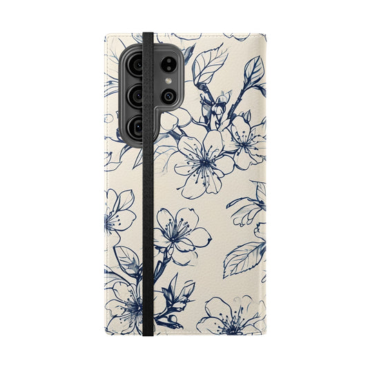Blossom Sketch Samsung Galaxy wallet flip phone case showing navy botanical floral sketch folio cover design