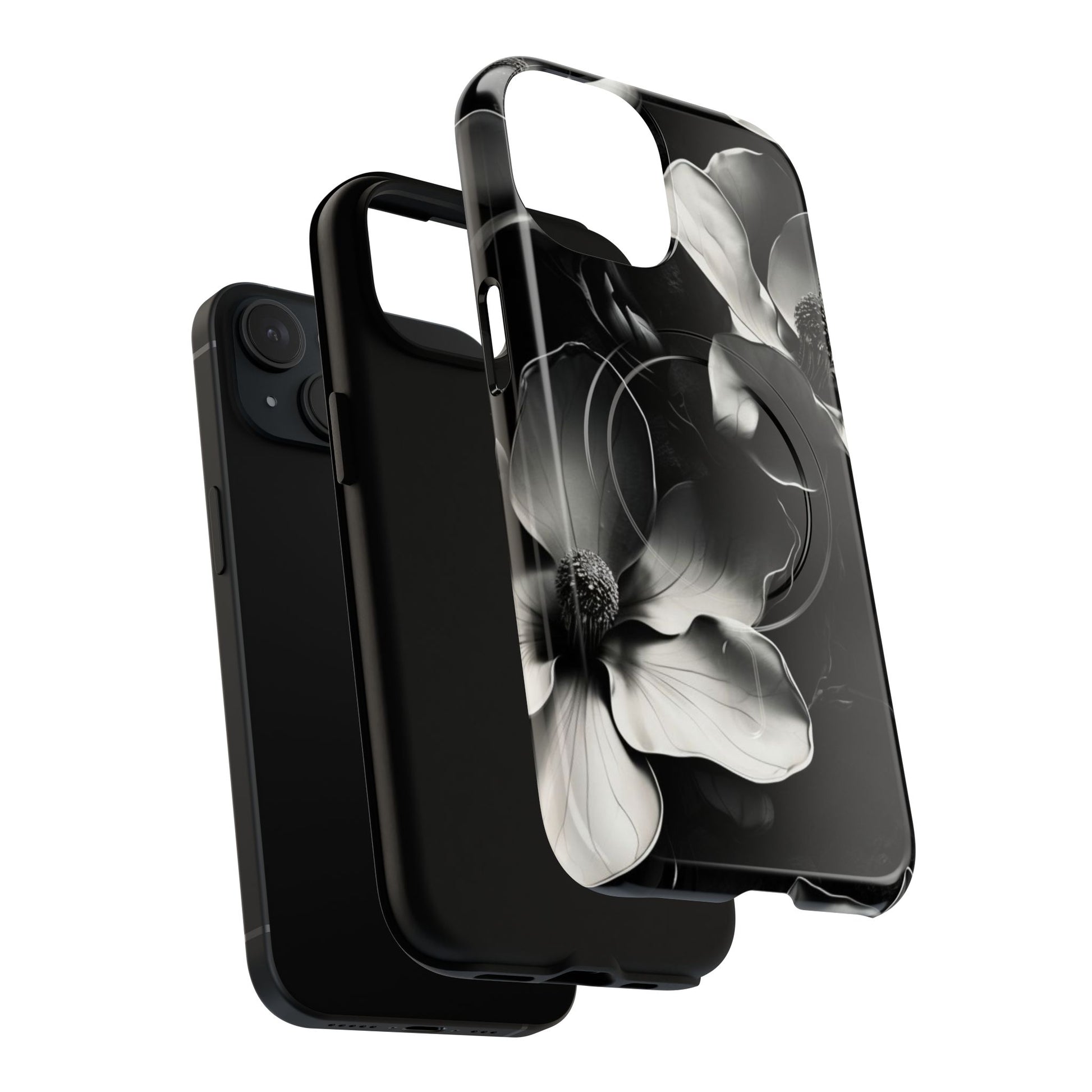Monochrome Magnolia - Elegant Black & White Floral iPhone 15 MagSafe Phone Case - Artistic Magnolia Design