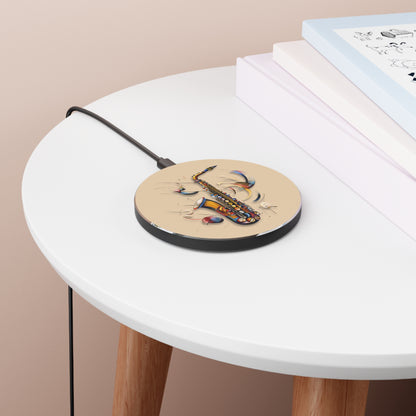 Brass Rhapsody Saxophone Abstract Qi Wireless Charger - 10W Fast Charging Pad - MagSafe Compatible Phone Charger