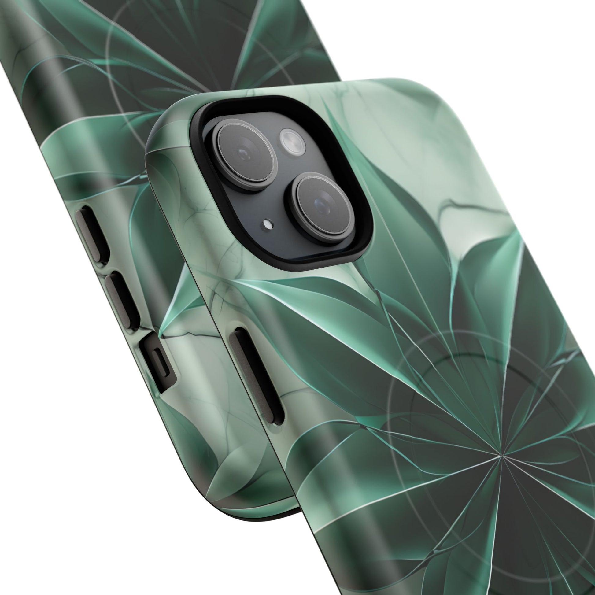 Emerald Bloom iPhone 15 Plus MagSafe Phone Case -Modern Symmetrical Floral Design, Green
