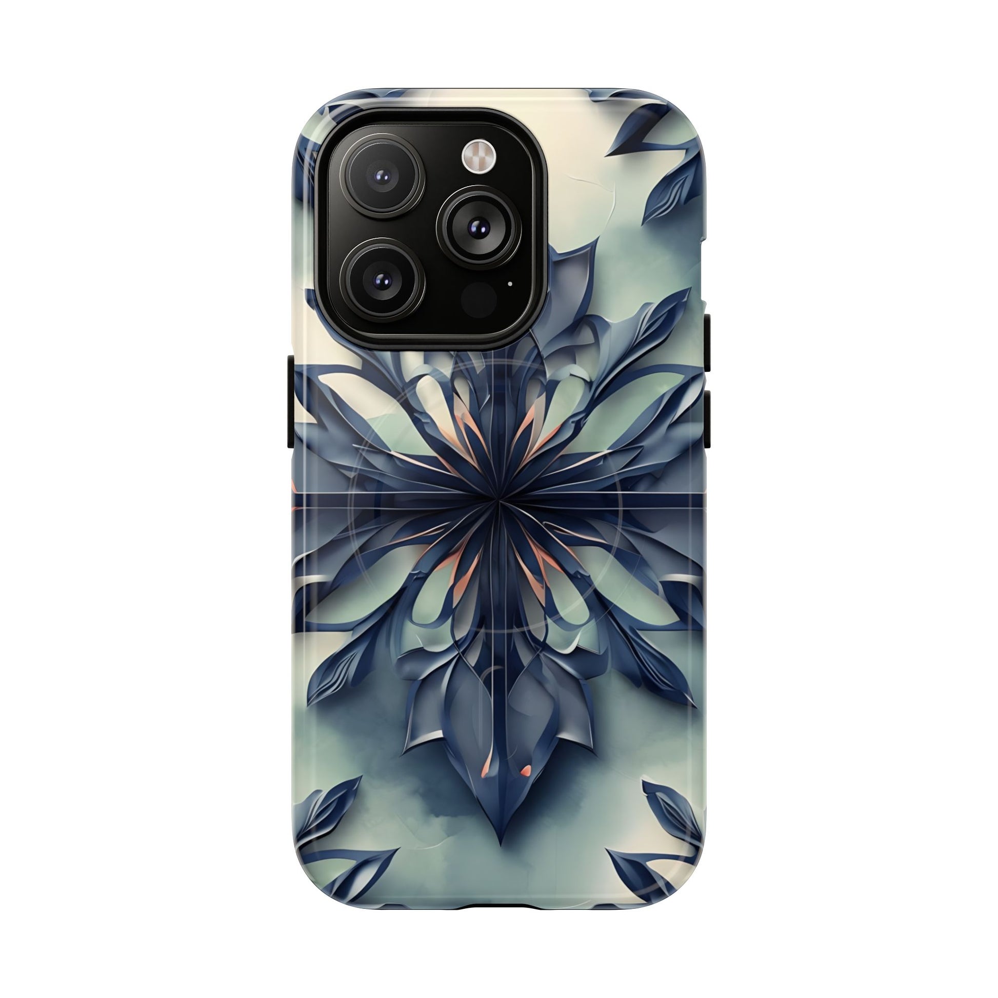 Frosted Indigo Bloom - Artistic Kaleidoscope Collection Artistic Floral - iPhone 14 Pro MagSafe Phone Case -Blue Symmetrical Design