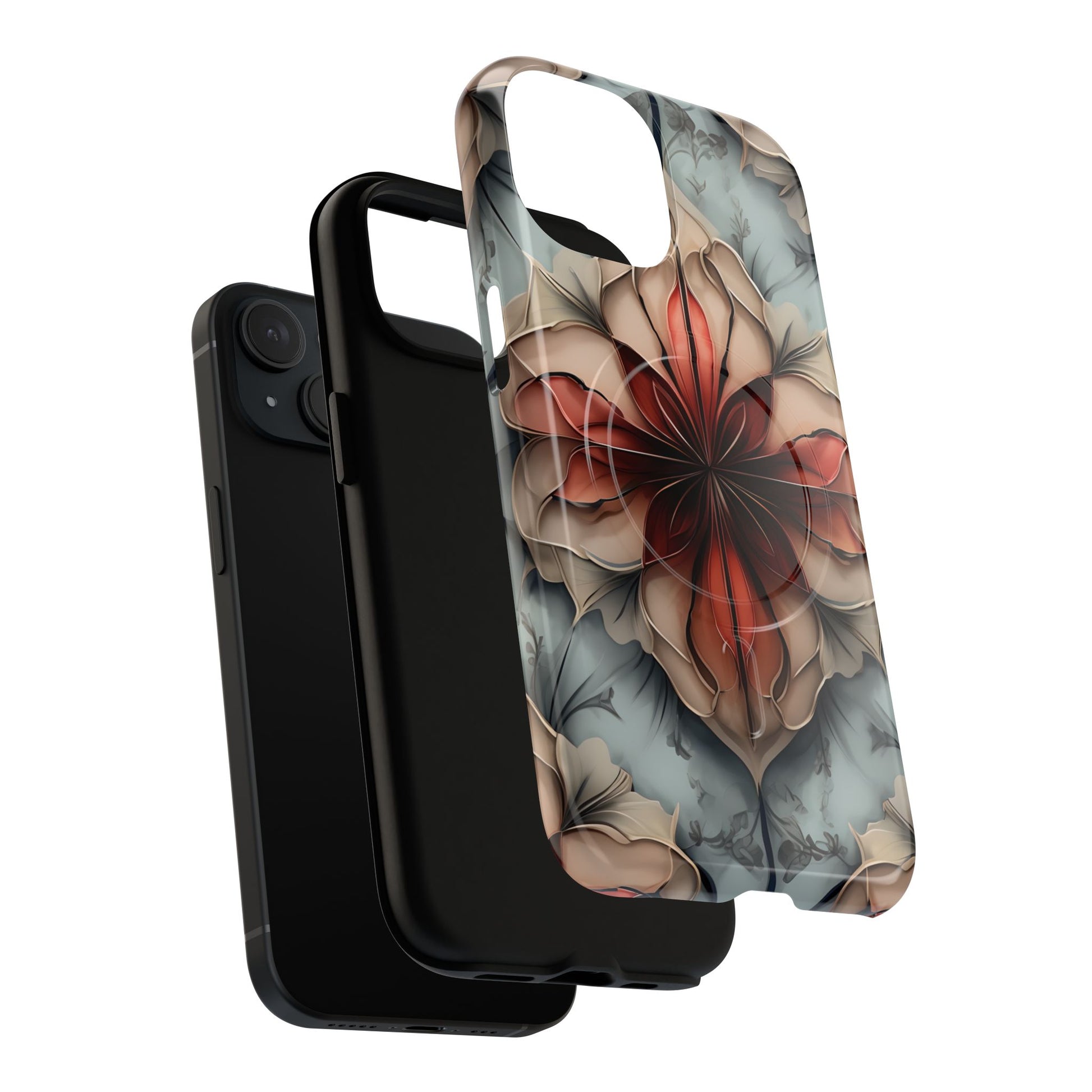 Ember Bloom - Kaleidoscope Collection Artistic Floral iPhone 15 MagSafe Phone Case - Fiery Symmetrical Design