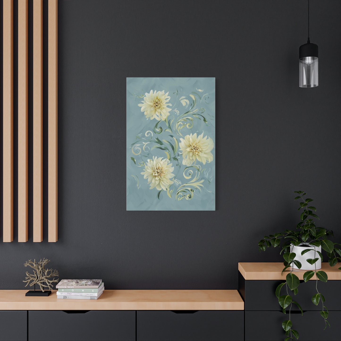Golden Dahlia Trio wall art canvas displayed on a dark accent wall in a modern living room