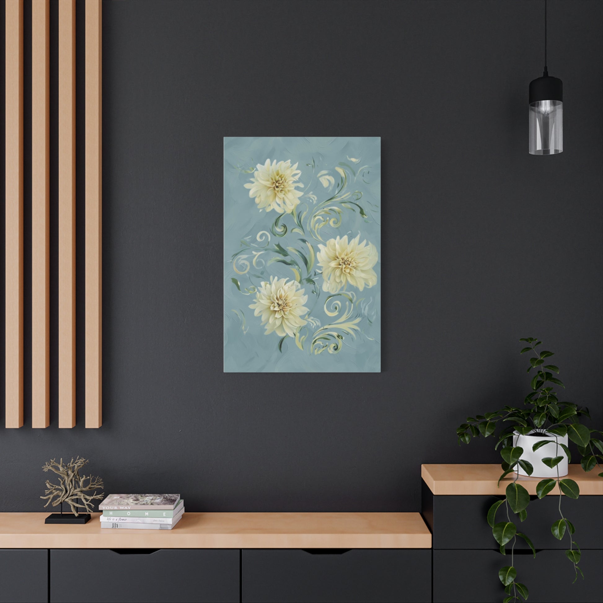 Golden Dahlia Trio wall art canvas displayed on a dark accent wall in a modern living room