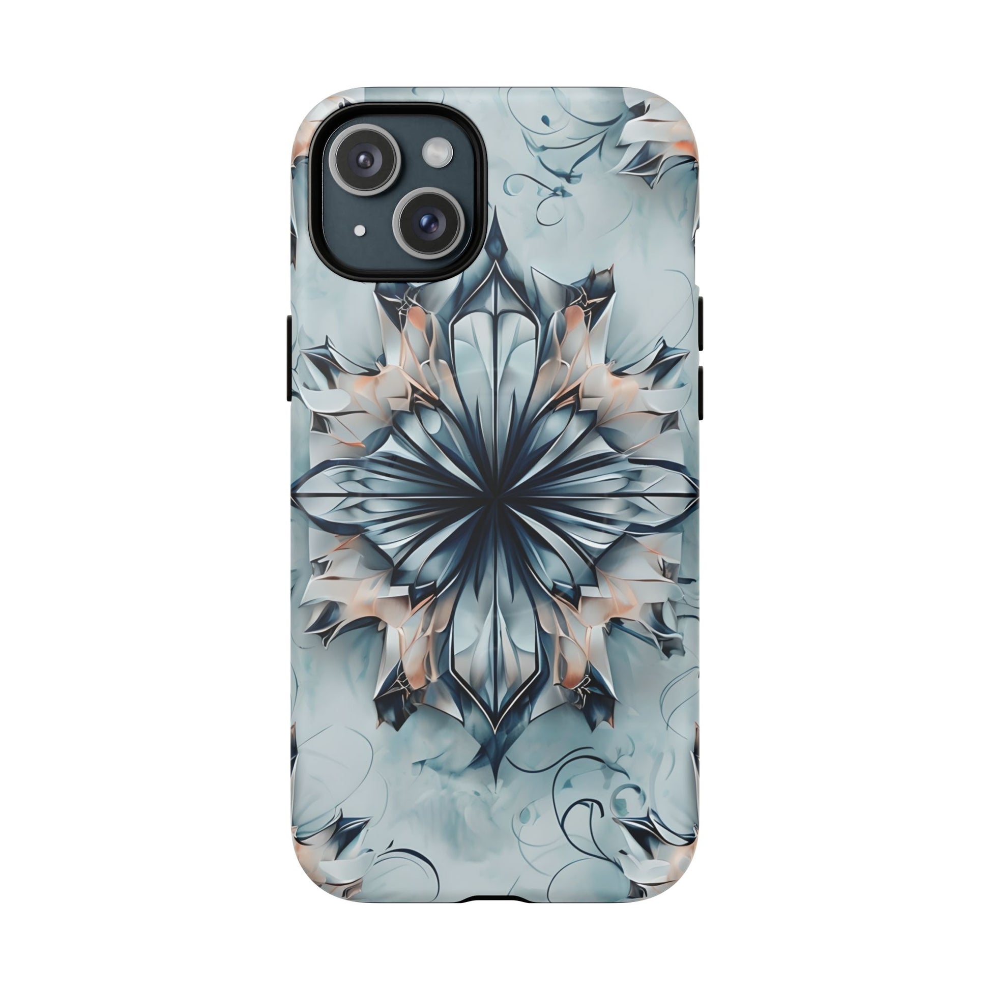 Indigo Mirage - Artistic Kaleidoscope Collection Artistic Floral - iPhone 15 Plus MagSafe Phone Case -Bold Indigo Symmetrical Design