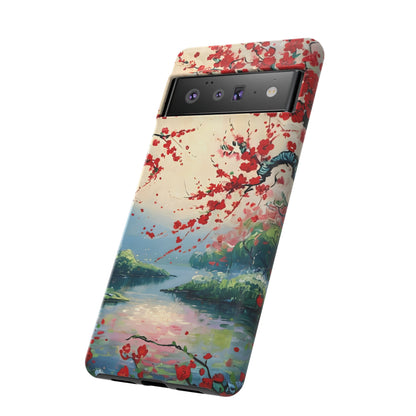Crimson Blossom Lake - Artistic Floral Landscape Google Pixel 6 Tough Phone Case - Red Cherry Blossoms & Serene Lake Design