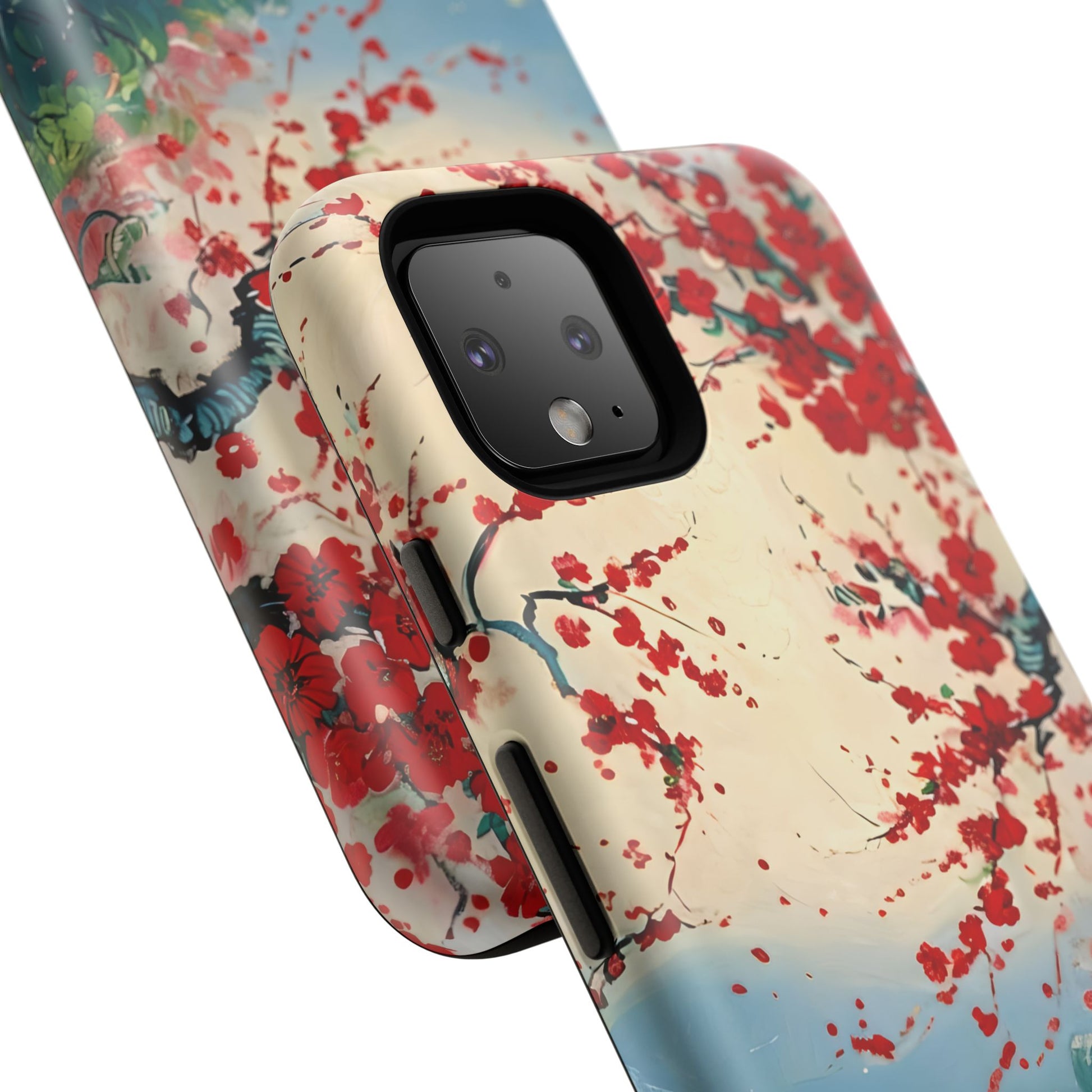 Crimson Blossom Lake - Artistic Floral Landscape Google Pixel 4 Tough Phone Case - Red Cherry Blossoms & Serene Lake Design