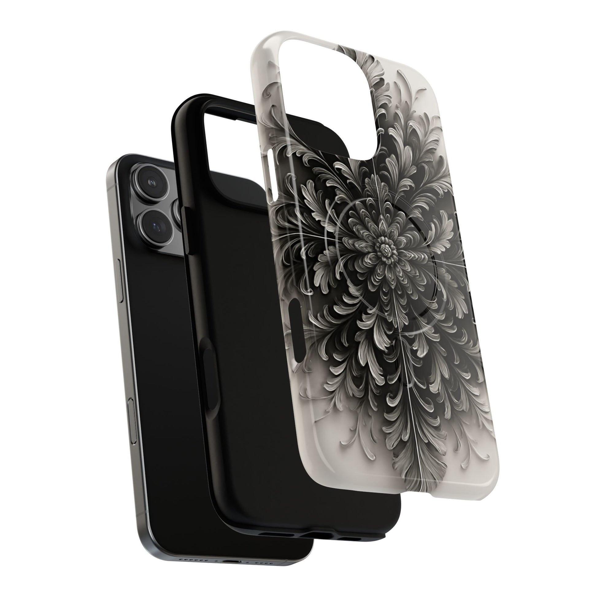 Obsidian Bloom - Elegant Black & White iPhone 16 Pro Max MagSafe Phone Case - Intricate Mandala Flower Design