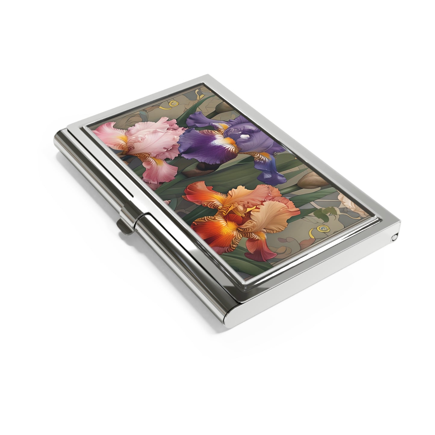Iris Reverie iris floral painting design business card holder closed angled view