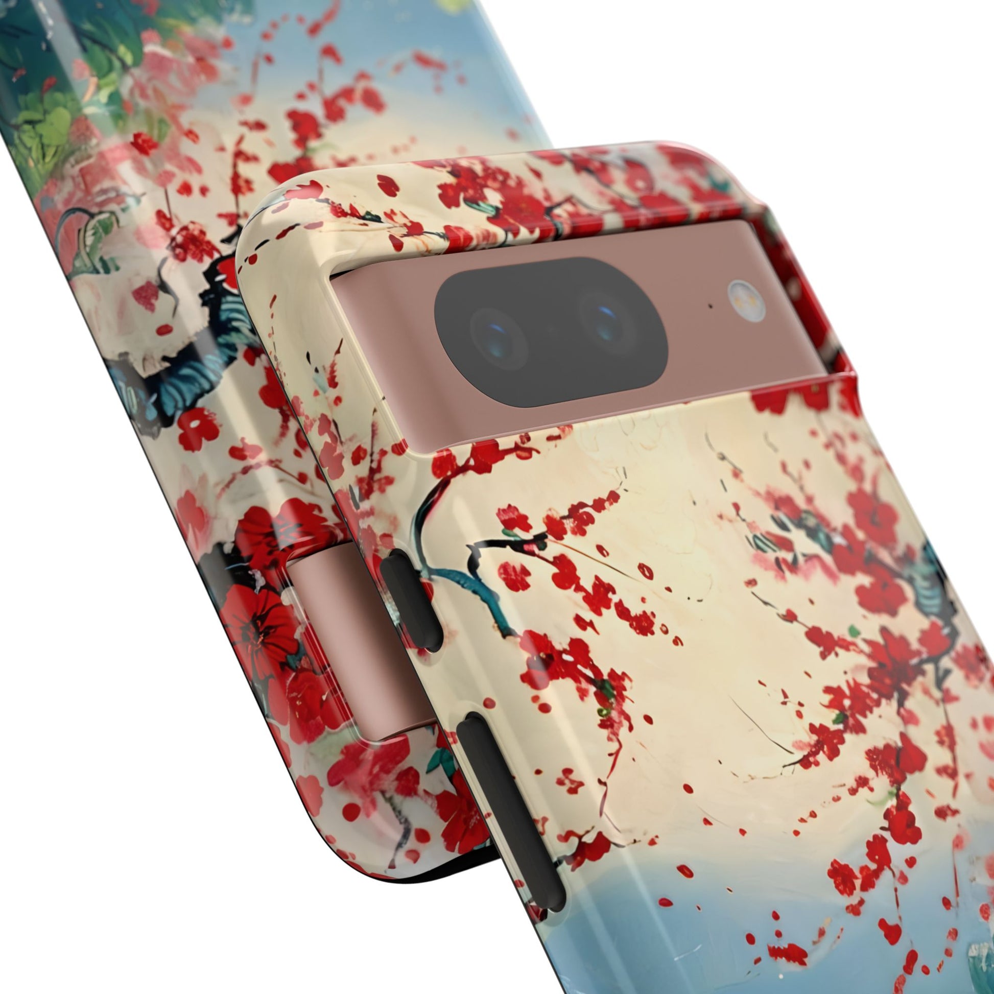 Crimson Blossom Lake - Artistic Floral Landscape Google Pixel 8 Tough Phone Case - Red Cherry Blossoms & Serene Lake Design