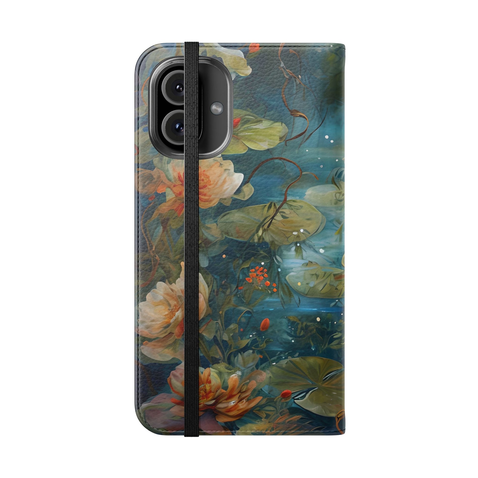 Waterlily Nocturne iPhone 16 Plus Wallet Case - Elegant Floral Flip Cover, Vintage Botanical Phone Folio