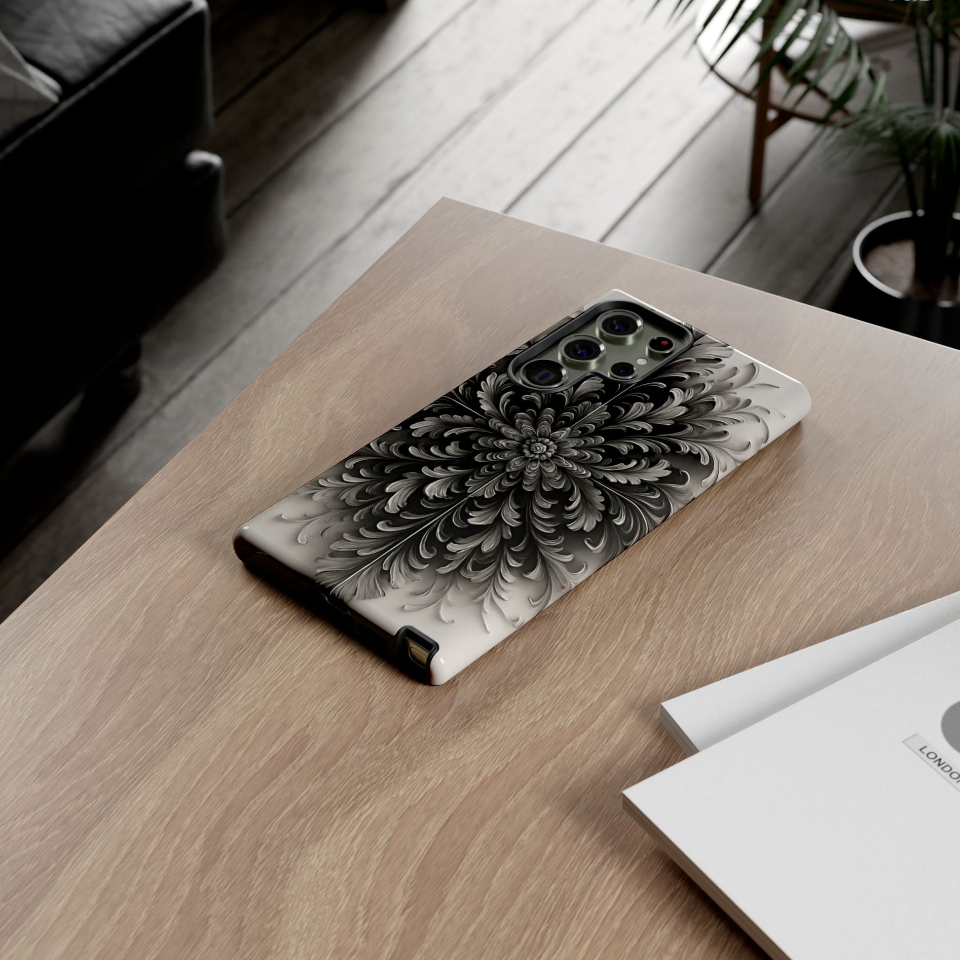 Obsidian Bloom black floral mandala Samsung Galaxy phone case lifestyle desk scene