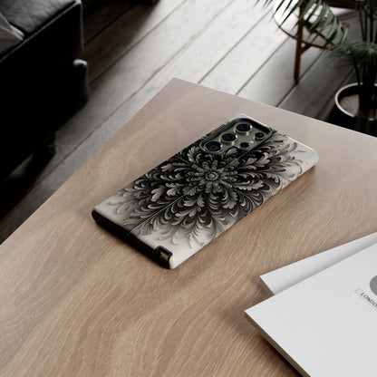 Obsidian Bloom black floral mandala Samsung Galaxy phone case lifestyle desk scene