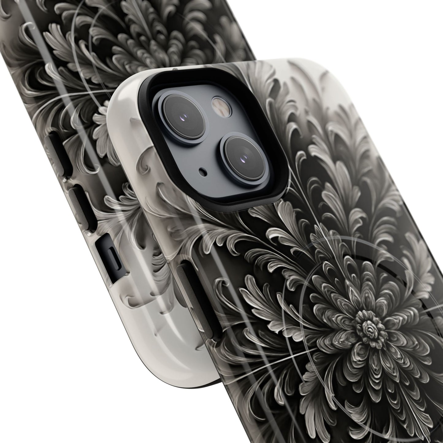 Angled view of Obsidian Bloom iPhone MagSafe protective phone case