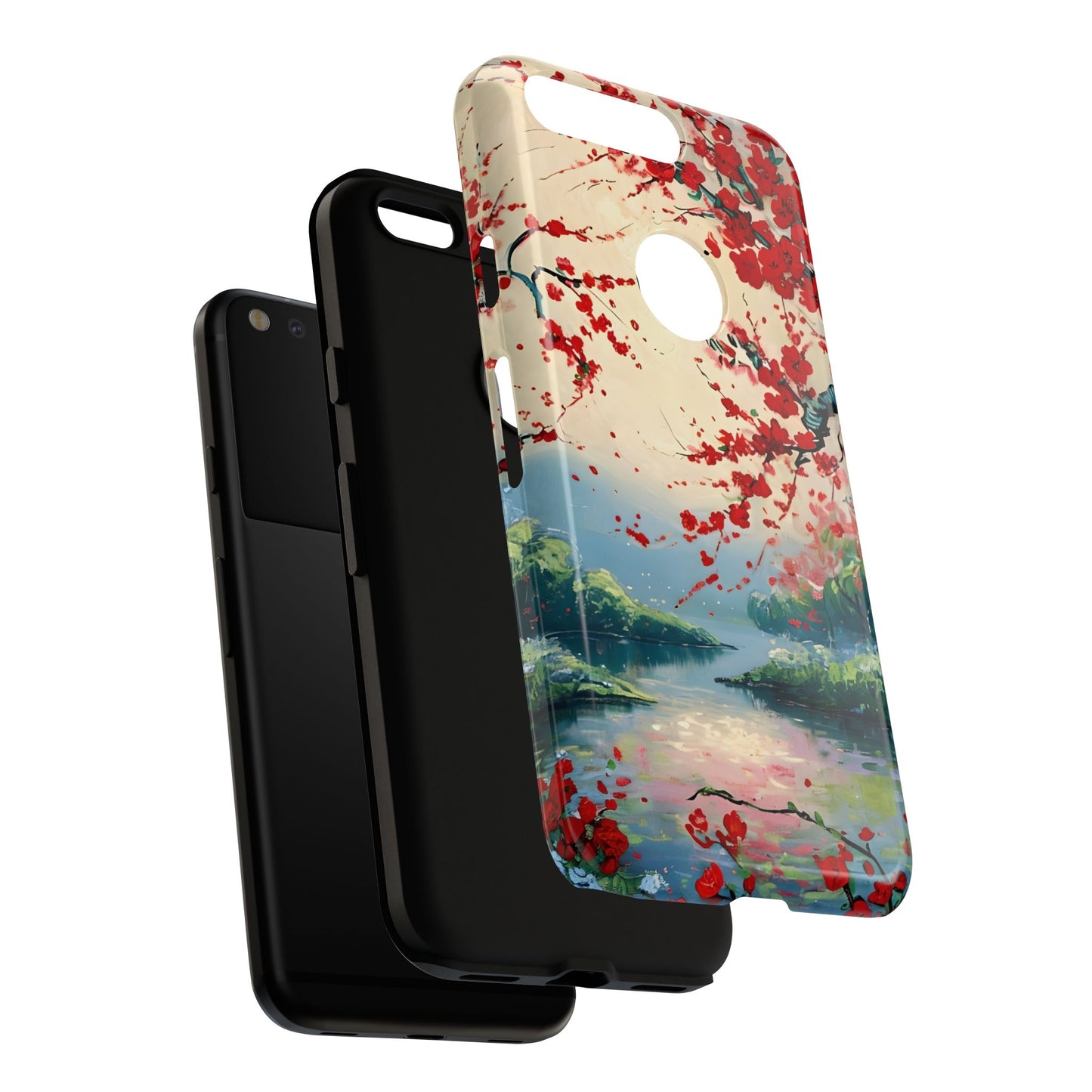 Crimson Blossom Lake - Artistic Floral Landscape Google Pixel 6 Tough Phone Case - Red Cherry Blossoms & Serene Lake Design