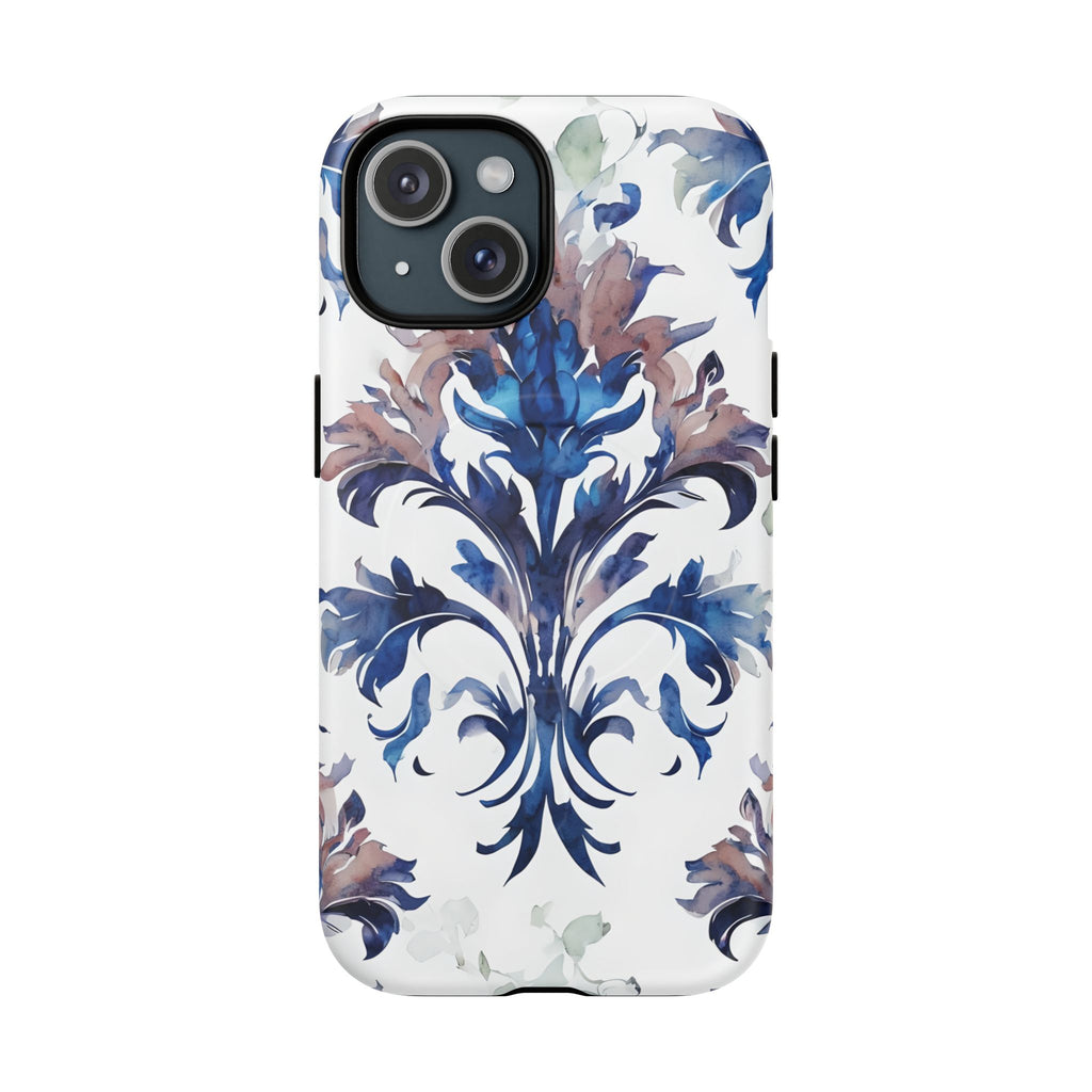 Delft Reverie - Elegant Blue & White iPhone 15 MagSafe Phone Case - Dutch Delftware-Inspired Floral Design