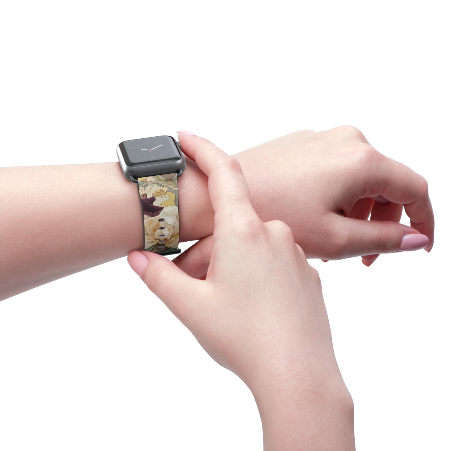 Iris Reverie Apple Watch band worn on wrist featuring vibrant purple iris floral design