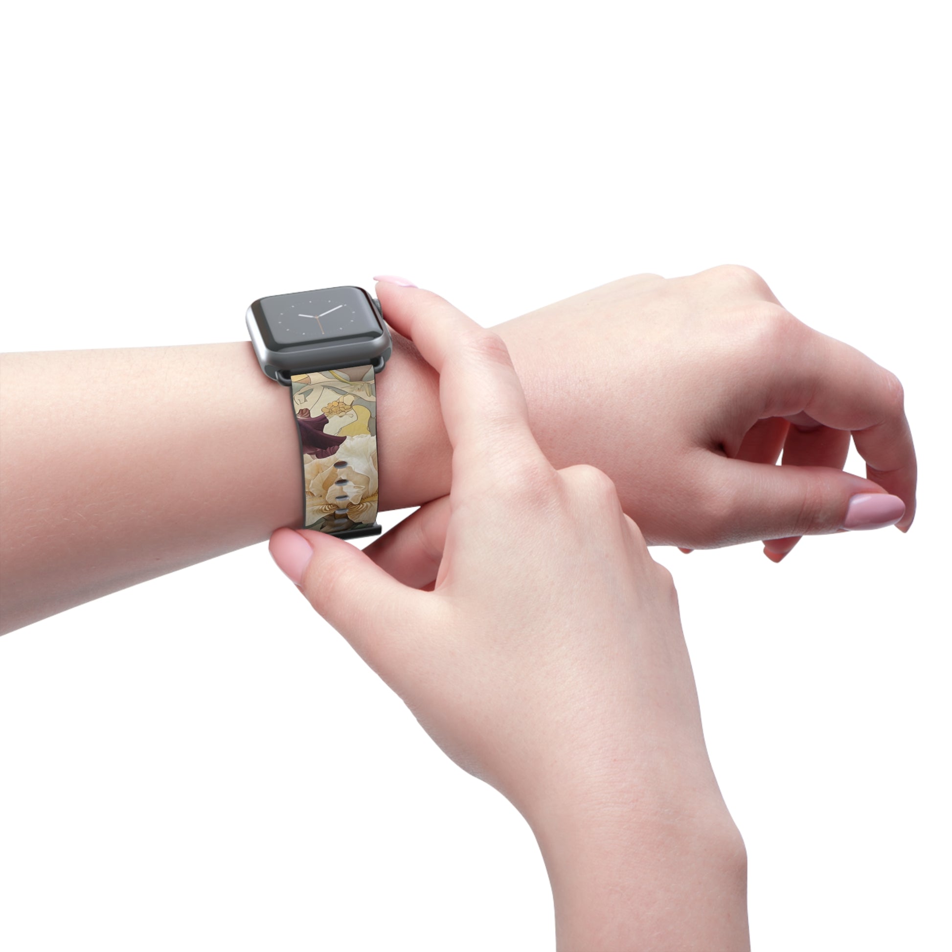 Iris Reverie Apple Watch band worn on wrist featuring vibrant purple iris floral design
