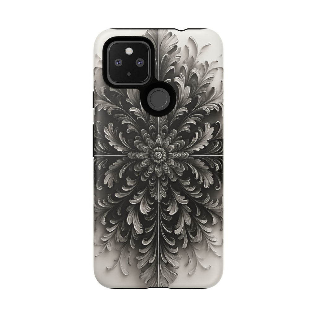 Obsidian Bloom - Elegant Black & White Google Pixel 4a 5G Tough Phone Case - Intricate Mandala Flower Design