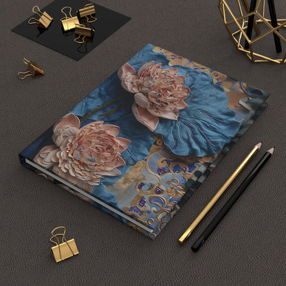 Peony Midnight Tapestry hardcover journal on desk with pencils and stationery