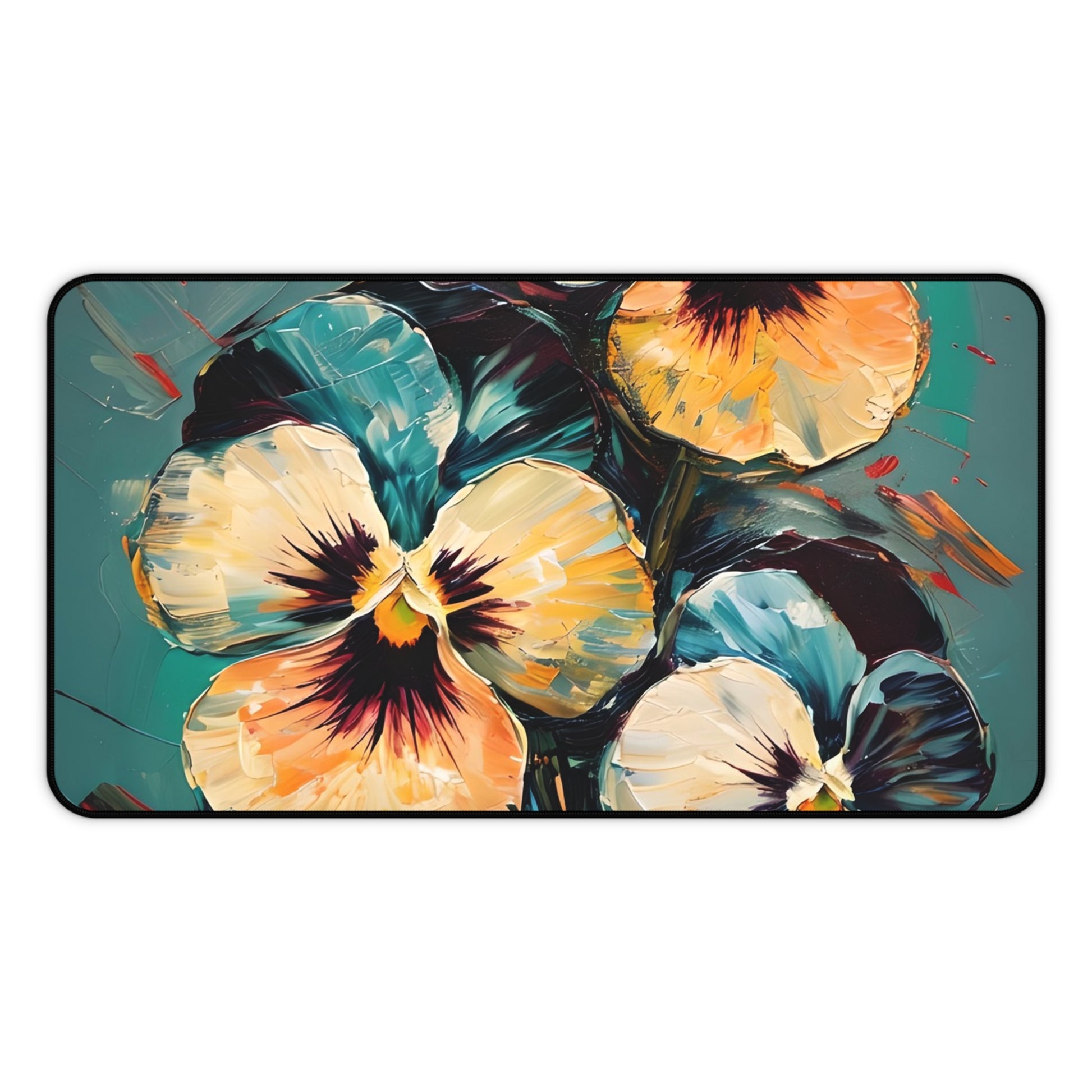 Golden Pansy Cascade desk mat featuring yellow and orange pansy flowers on teal background