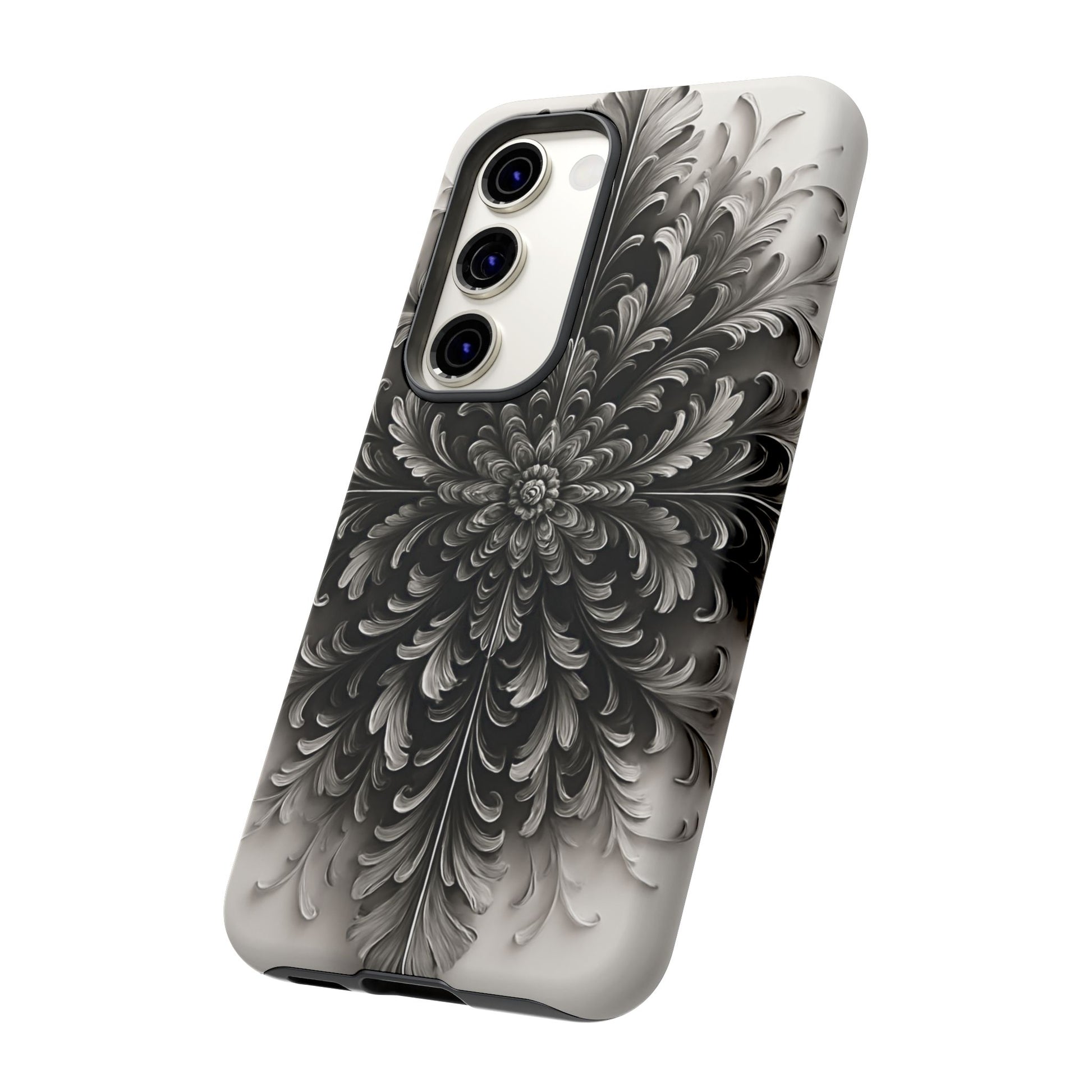 Obsidian Bloom - Elegant Black & White Samsung Galaxy S23 Tough Phone Case - Intricate Mandala Flower Design