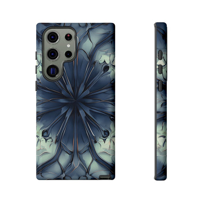 Indigo Mosaic blue geometric floral wraparound Samsung Galaxy phone case front and side view