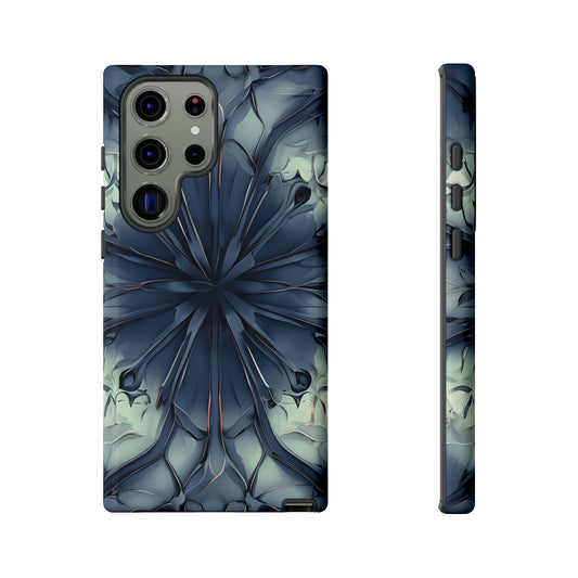 Indigo Mosaic blue geometric floral wraparound Samsung Galaxy phone case front and side view