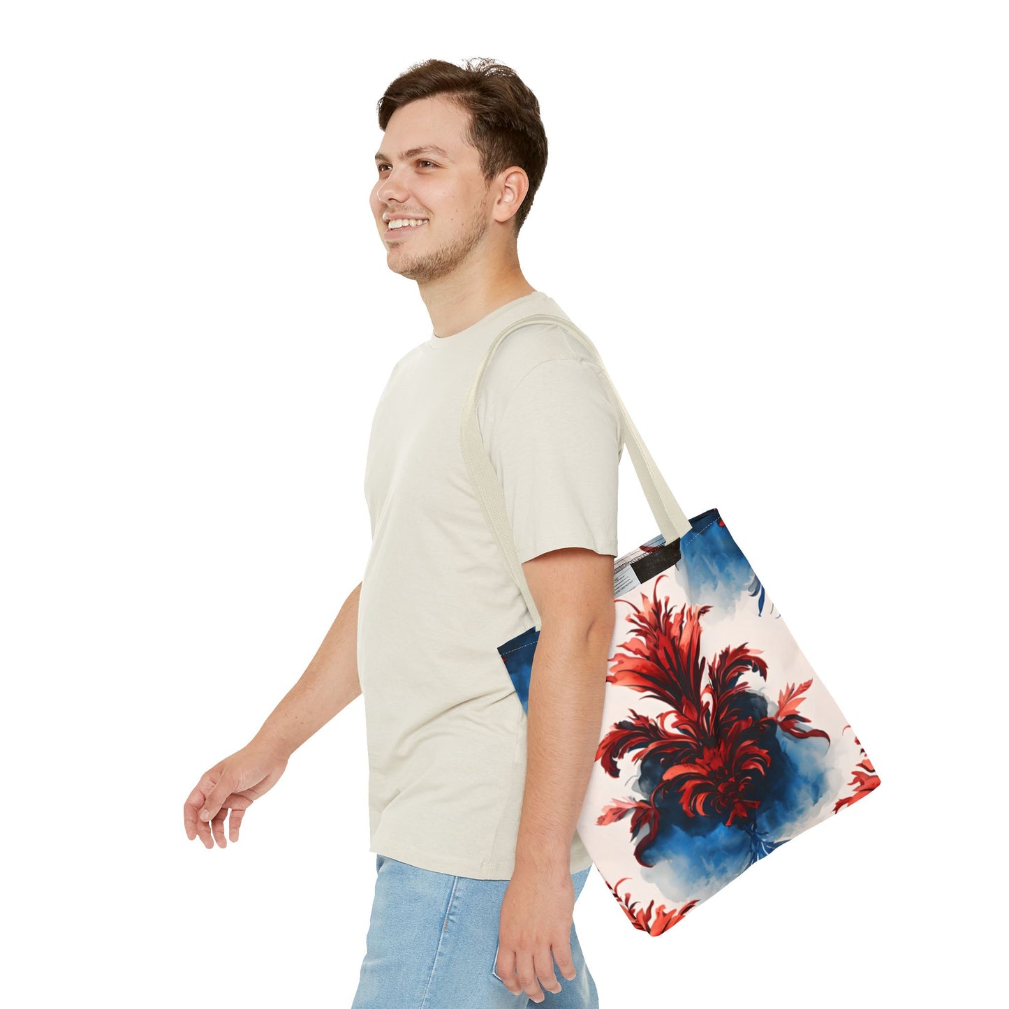 Crimson Plume Tote Bag (16x16 & 18x18)- Bold Abstract Floral in Red and Blue, Reusable & Eco-Friendly
