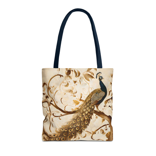 Golden Plumage canvas tote bag featuring elegant peacock artwork on soft background with navy handles