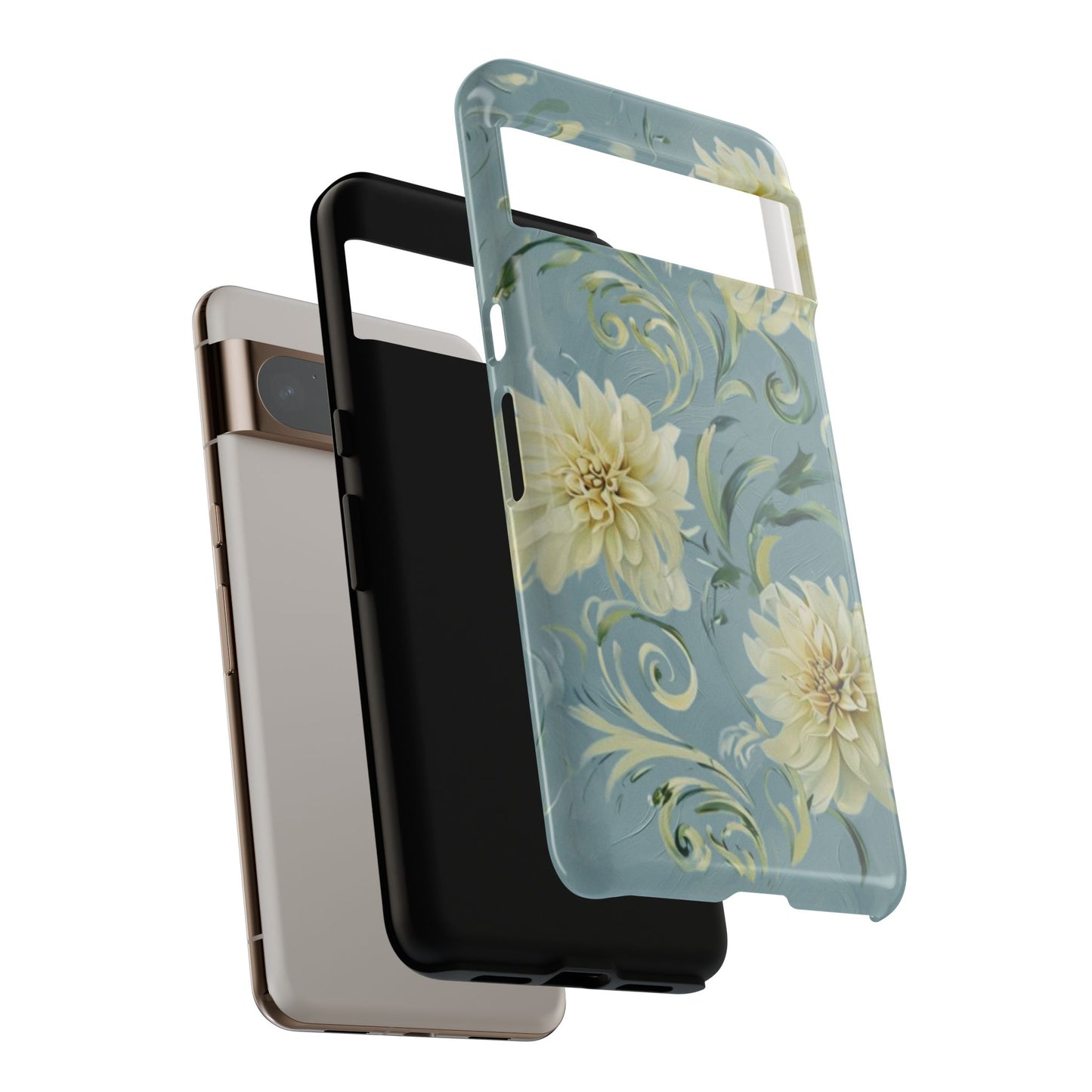 Golden Dahlia Trio - Elegant Floral Google Pixel Tough Phone Case - Artistic White & Blue Dahlia Design