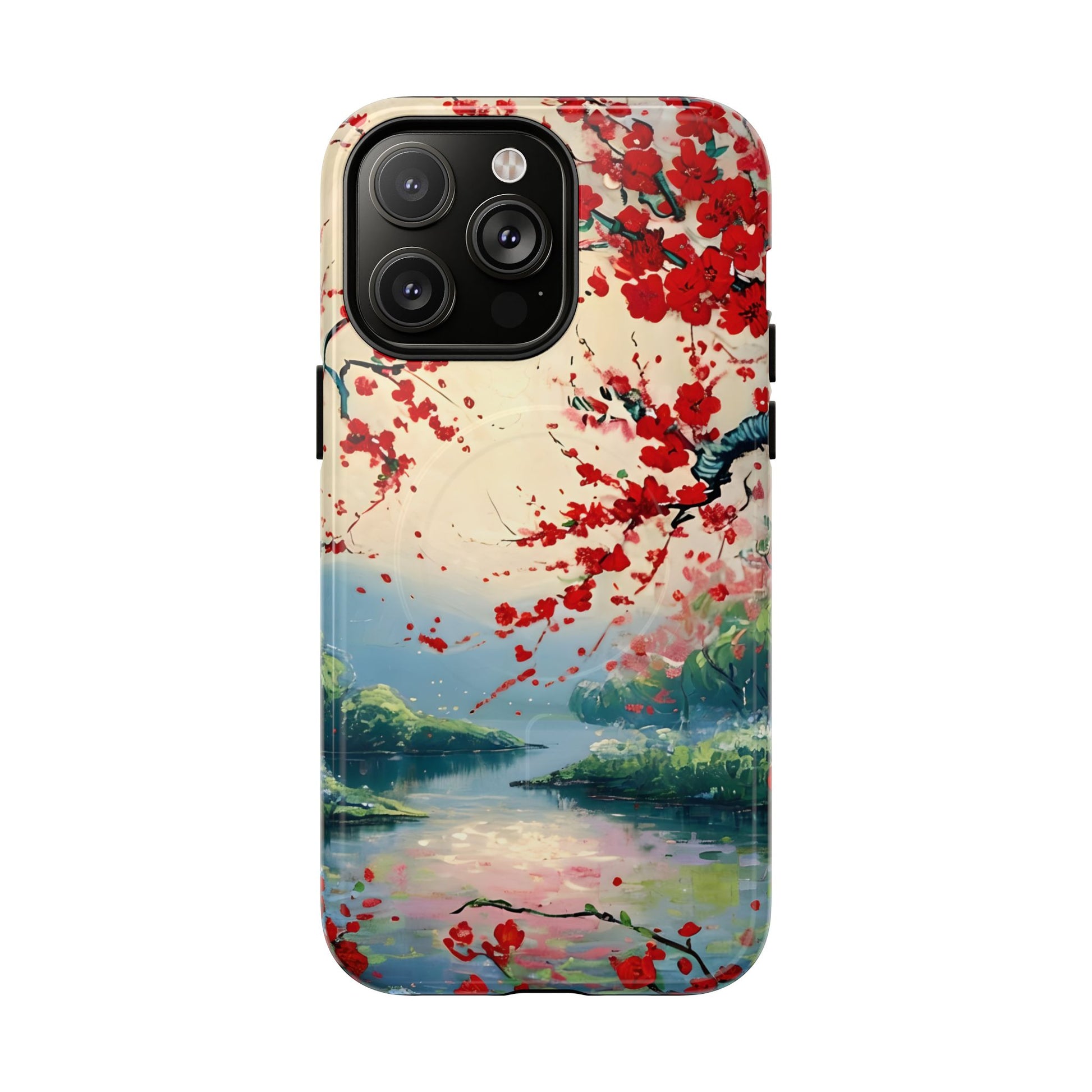 Crimson Blossom Lake - Artistic Floral Landscape iPhone 14 Pro Max MagSafe Phone Case - Red Cherry Blossoms & Serene Lake Design