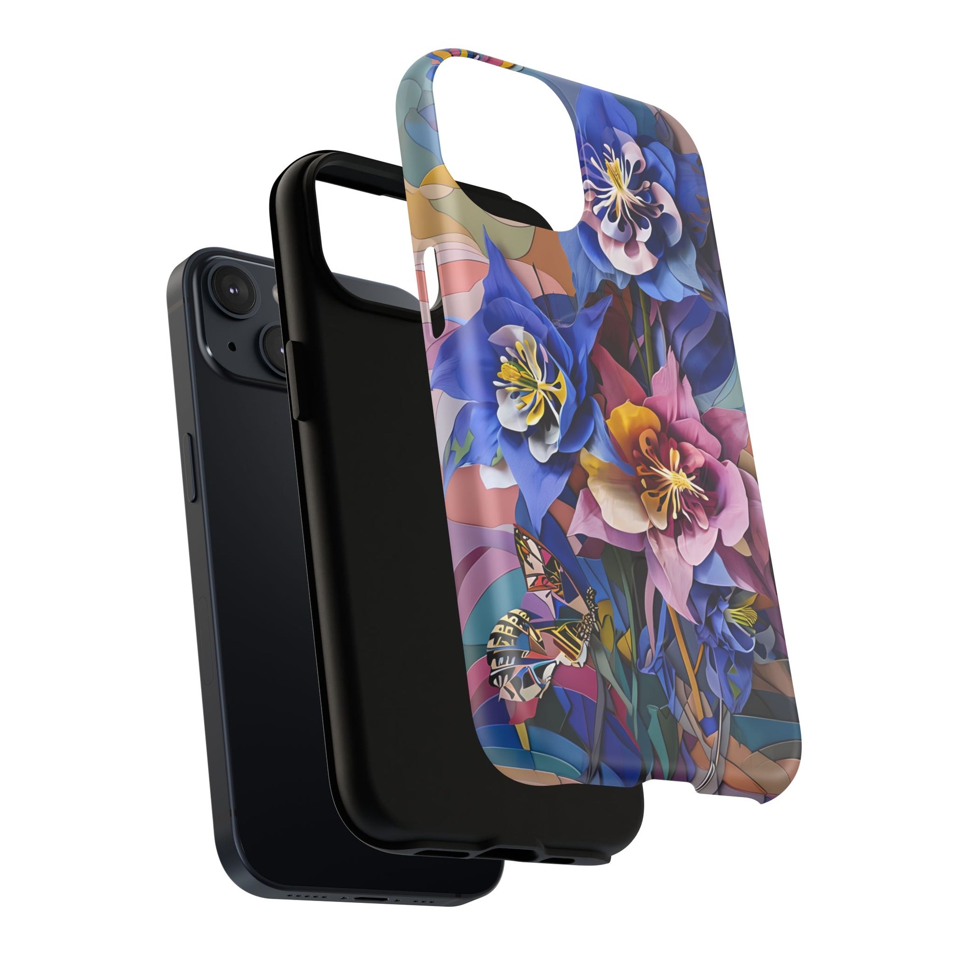 Blue Columbine Carnivale - Artistic Floral & Butterfly iPhone 14 MagSafe Phone Case - Vibrant Botanical Design