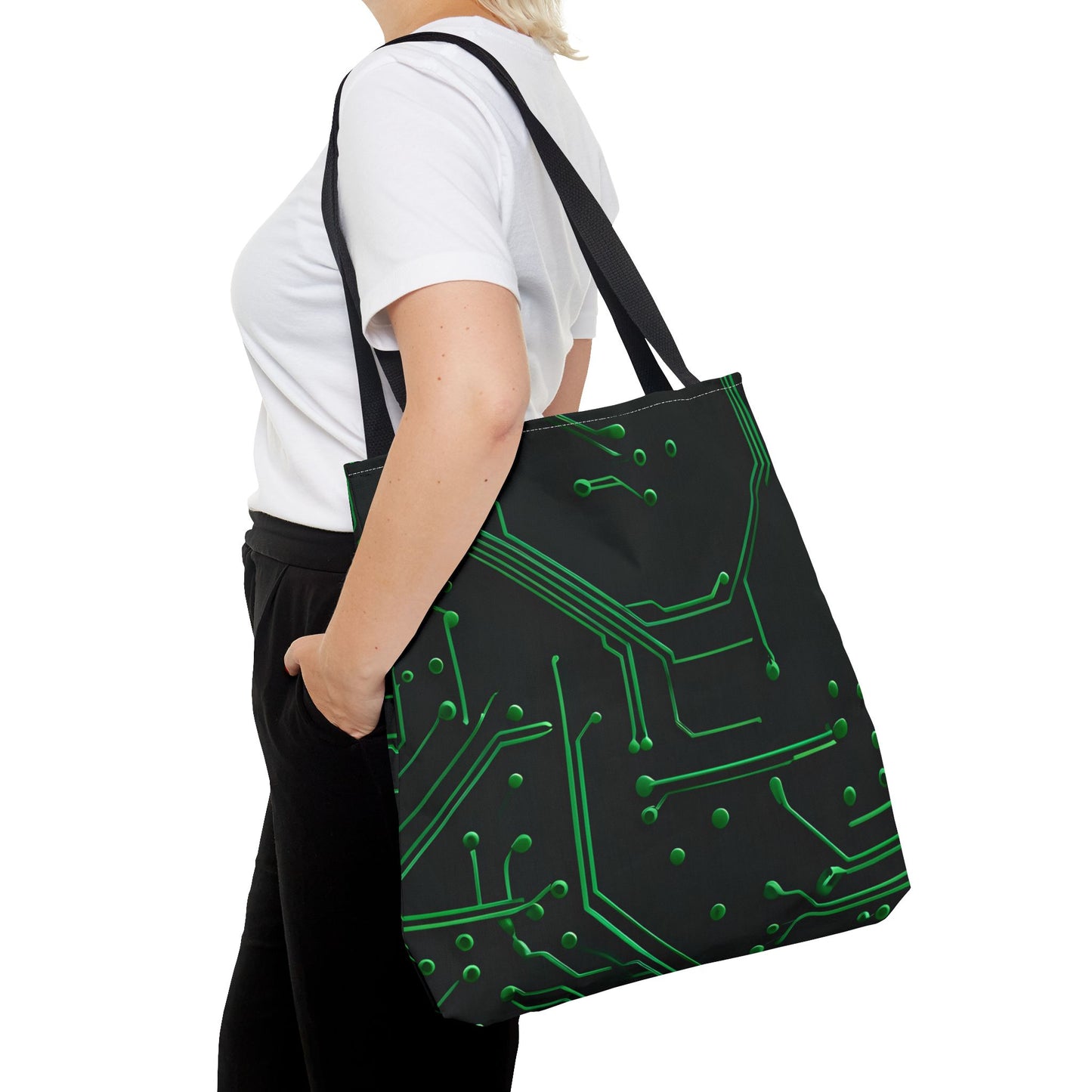Green Circuit Grid Tote Bag (16x16 & 18x18)- Tech-Inspired Design on Black, Reusable & Eco-Friendly