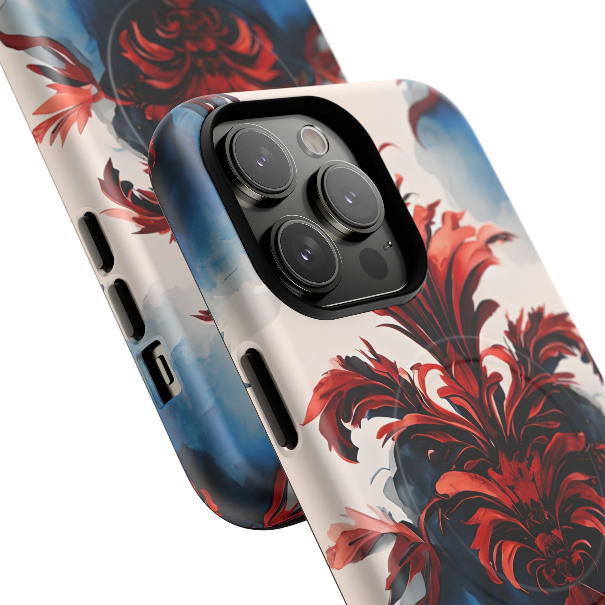 Crimson Plume - Bold Artistic Feather iPhone 14 Pro Max MagSafe Phone Case - Dramatic Red & Blue Design