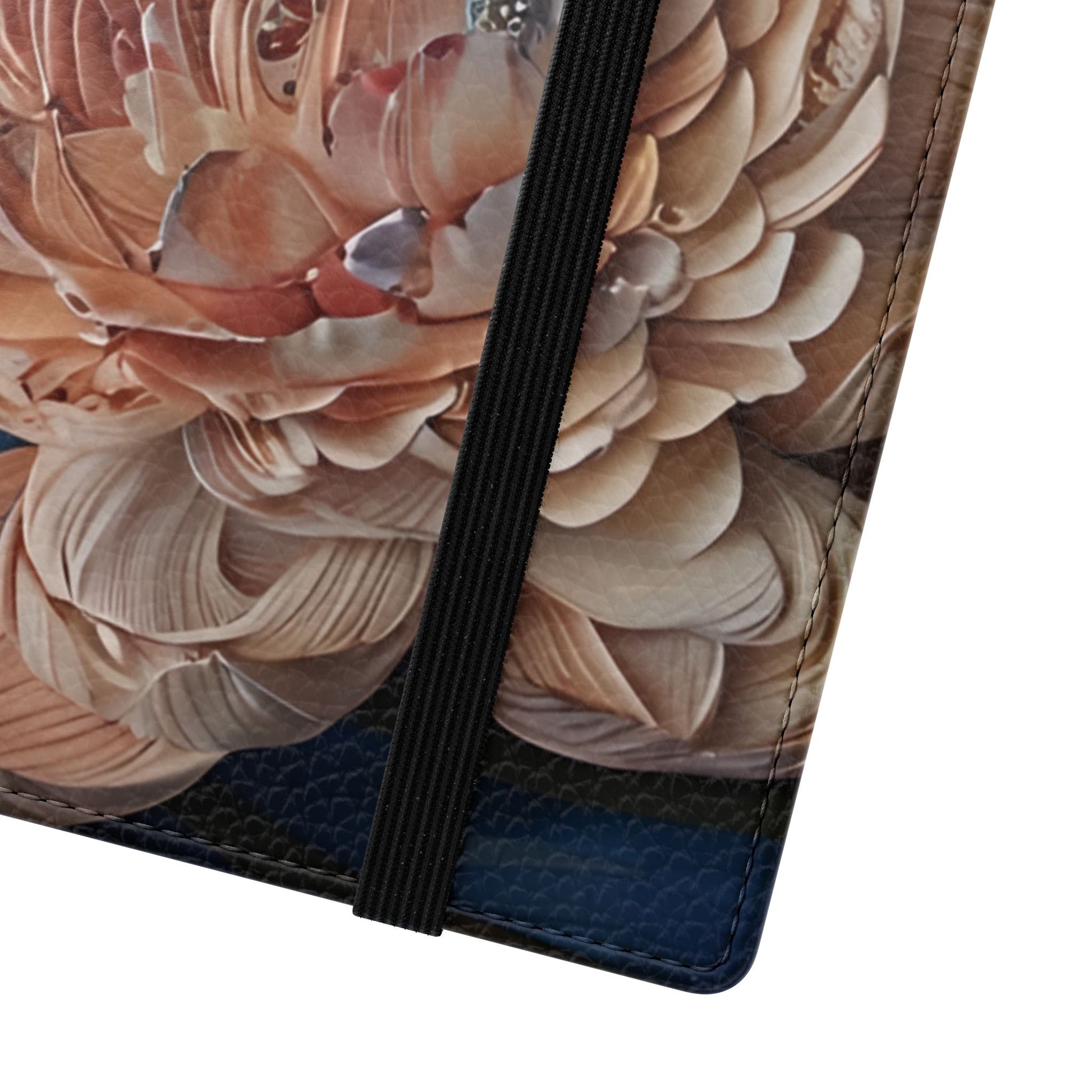 Close-up of Peony Midnight Tapestry Samsung Galaxy wallet phone case with blush peonies and gold baroque detailing