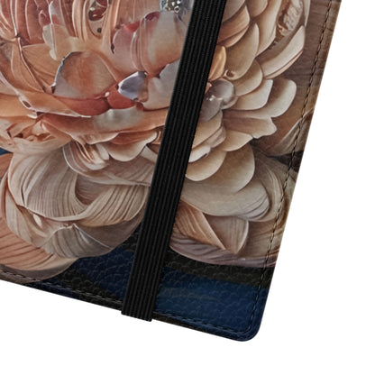 Close-up of Peony Midnight Tapestry Samsung Galaxy wallet phone case with blush peonies and gold baroque detailing