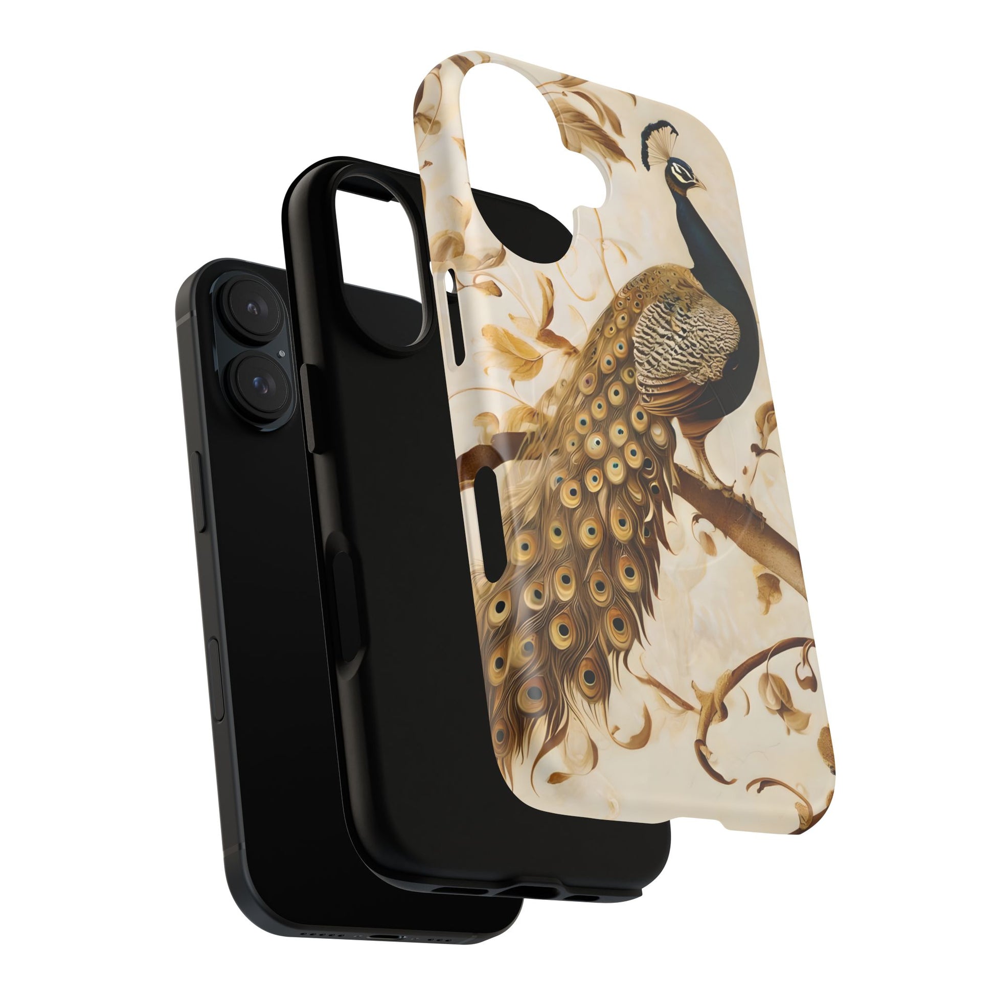 Golden Plumage - Luxe Peacock Art iPhone 16 Phone Case - MagSafe Compatible - Elegant Gold & Cream Design