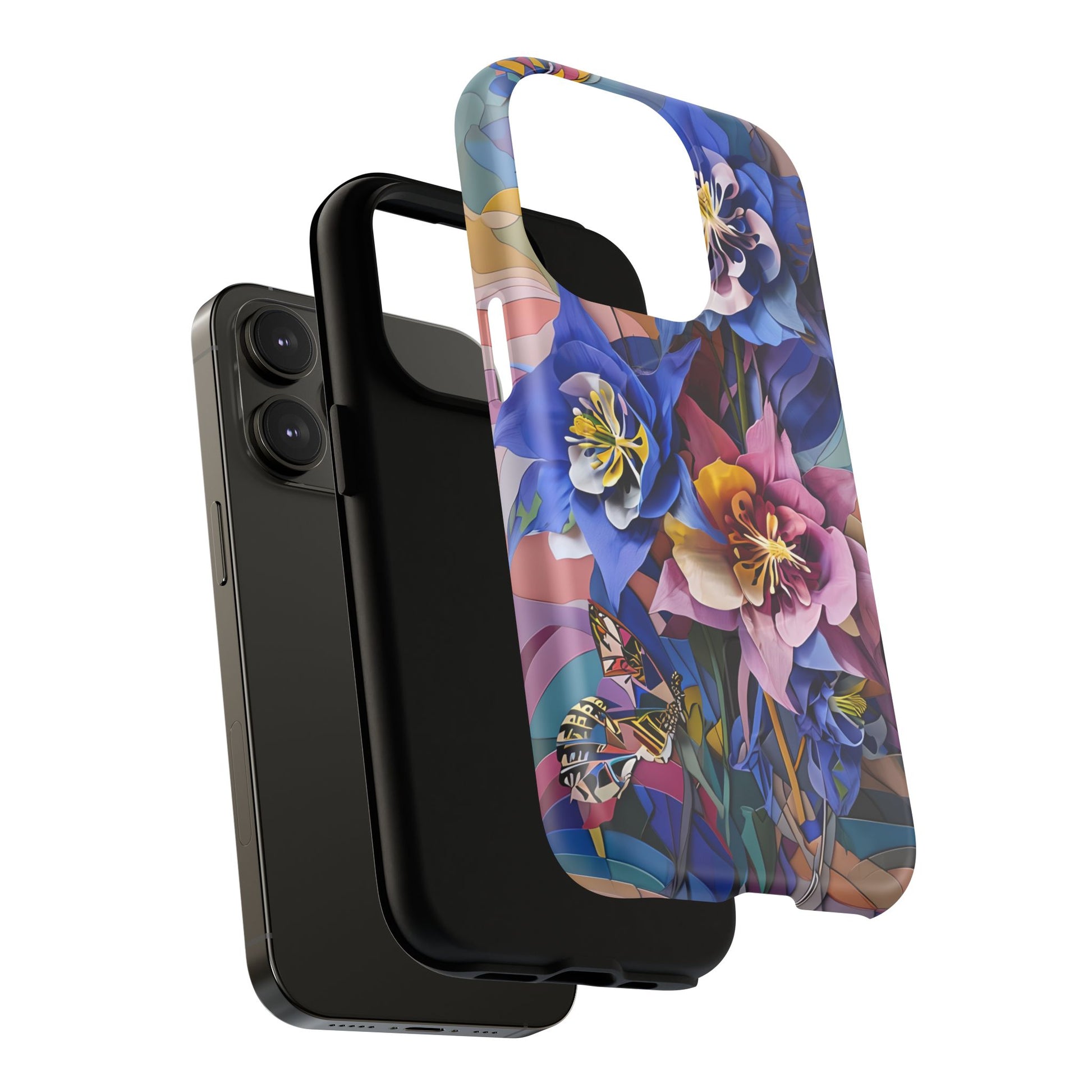 Blue Columbine Carnivale - Artistic Floral & Butterfly iPhone 14 Pro MagSafe Phone Case - Vibrant Botanical Design
