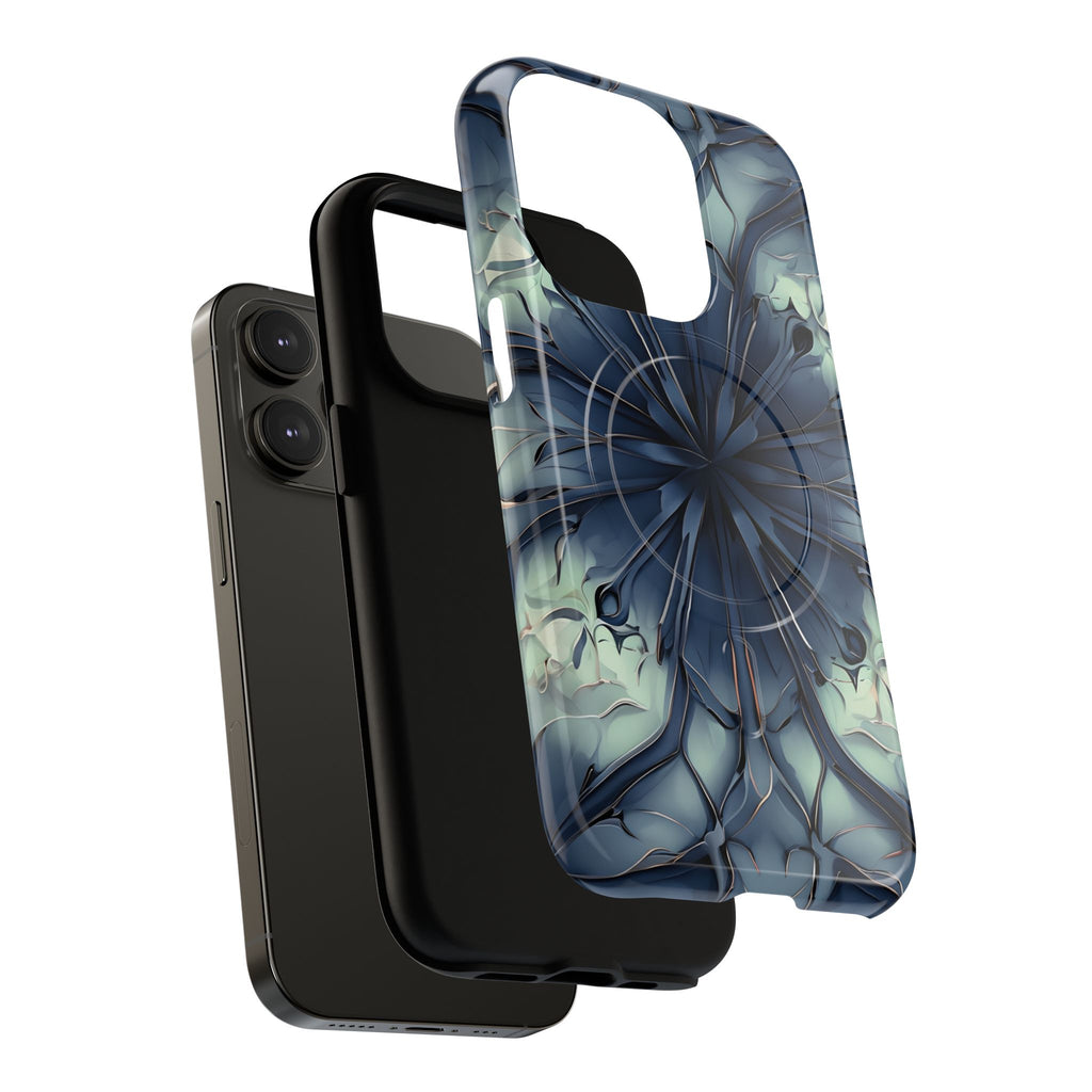 Indigo Mosaic - Artistic Kaleidoscope Collection Artistic Floral - iPhone 14 Pro MagSafe Phone Case -Bold Blue Symmetrical Design