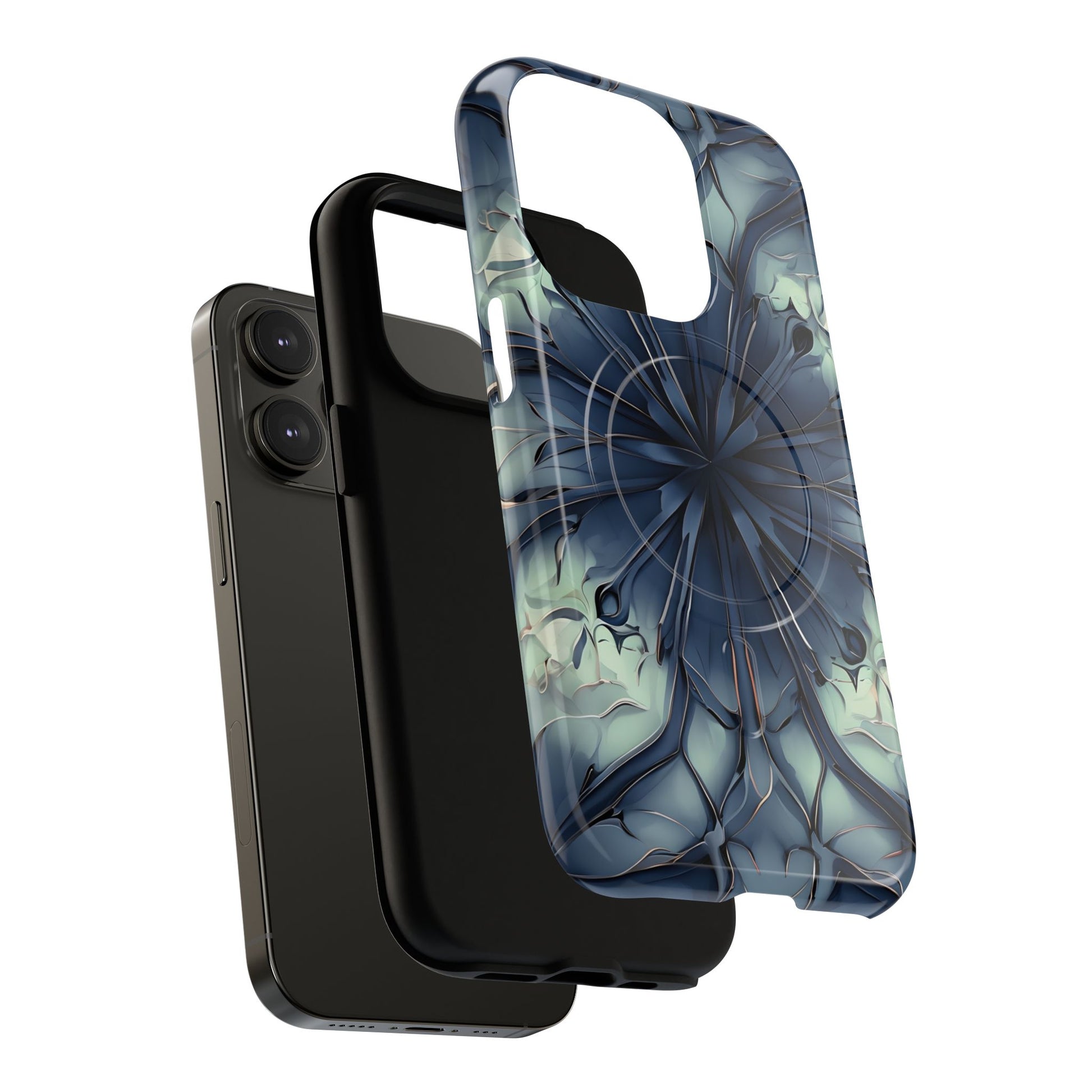 Indigo Mosaic - Artistic Kaleidoscope Collection Artistic Floral - iPhone 14 Pro MagSafe Phone Case -Bold Blue Symmetrical Design