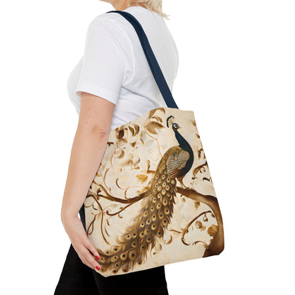 Golden Plumage canvas tote bag worn over shoulder showing graceful feather design