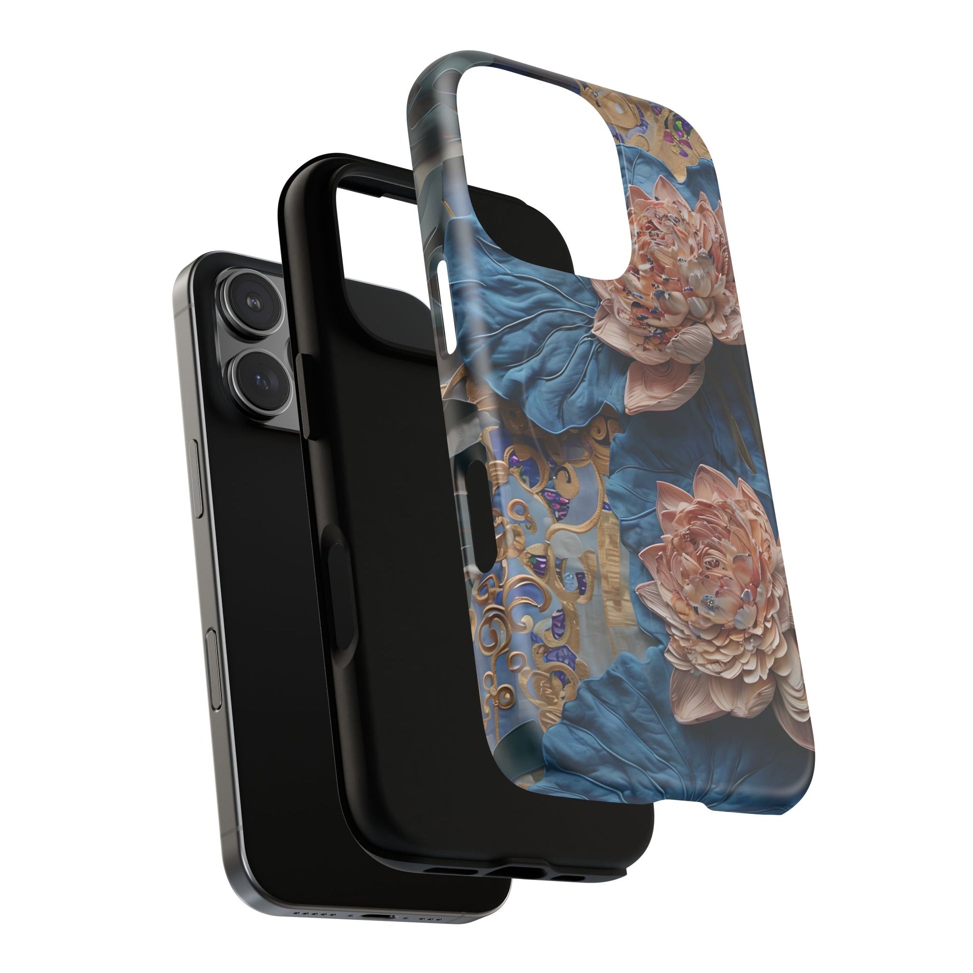 Peony Midnight Tapestry - iPhone 16 Pro - MagSafe Compatible - Elegant Blue & Blush Artful Phone Cover