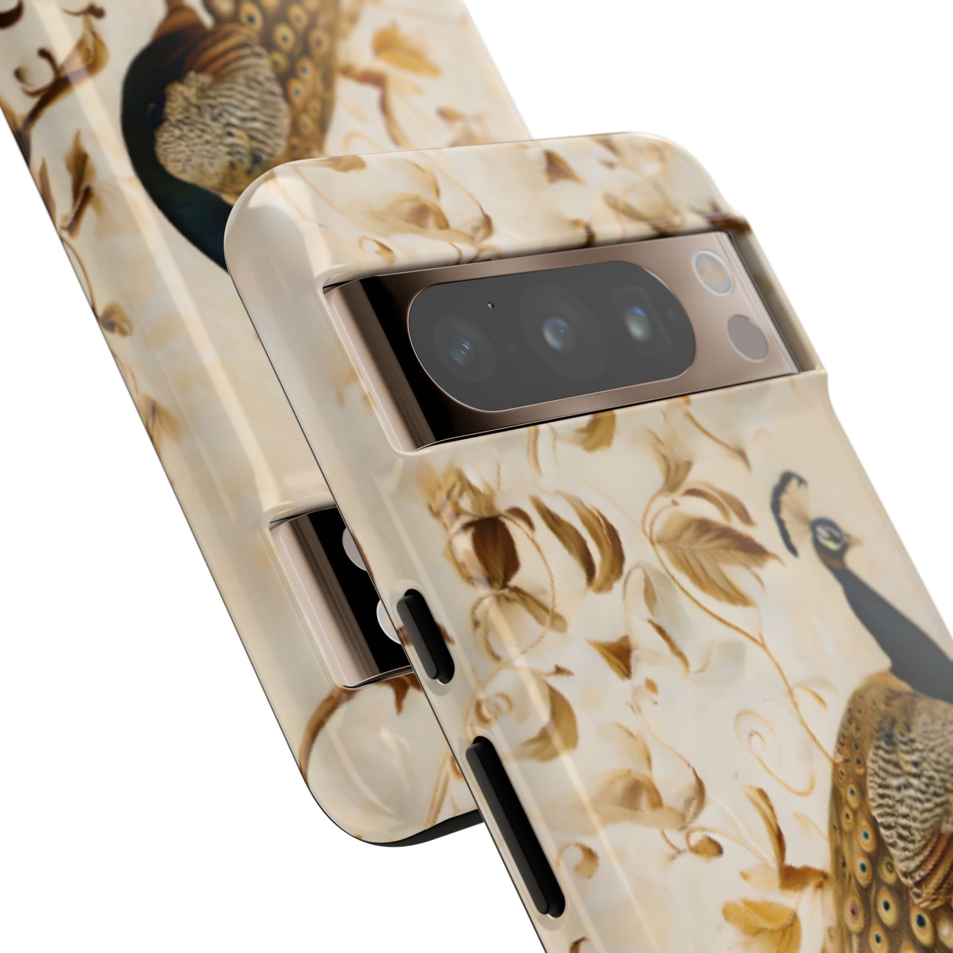 Golden Plumage peacock feather artwork Google Pixel phone case angled view