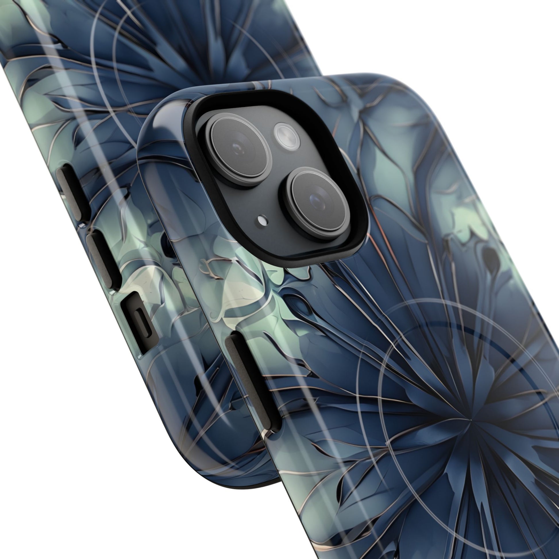Indigo Mosaic - Artistic Kaleidoscope Collection Artistic Floral - iPhone 15 MagSafe Phone Case -Bold Blue Symmetrical Design